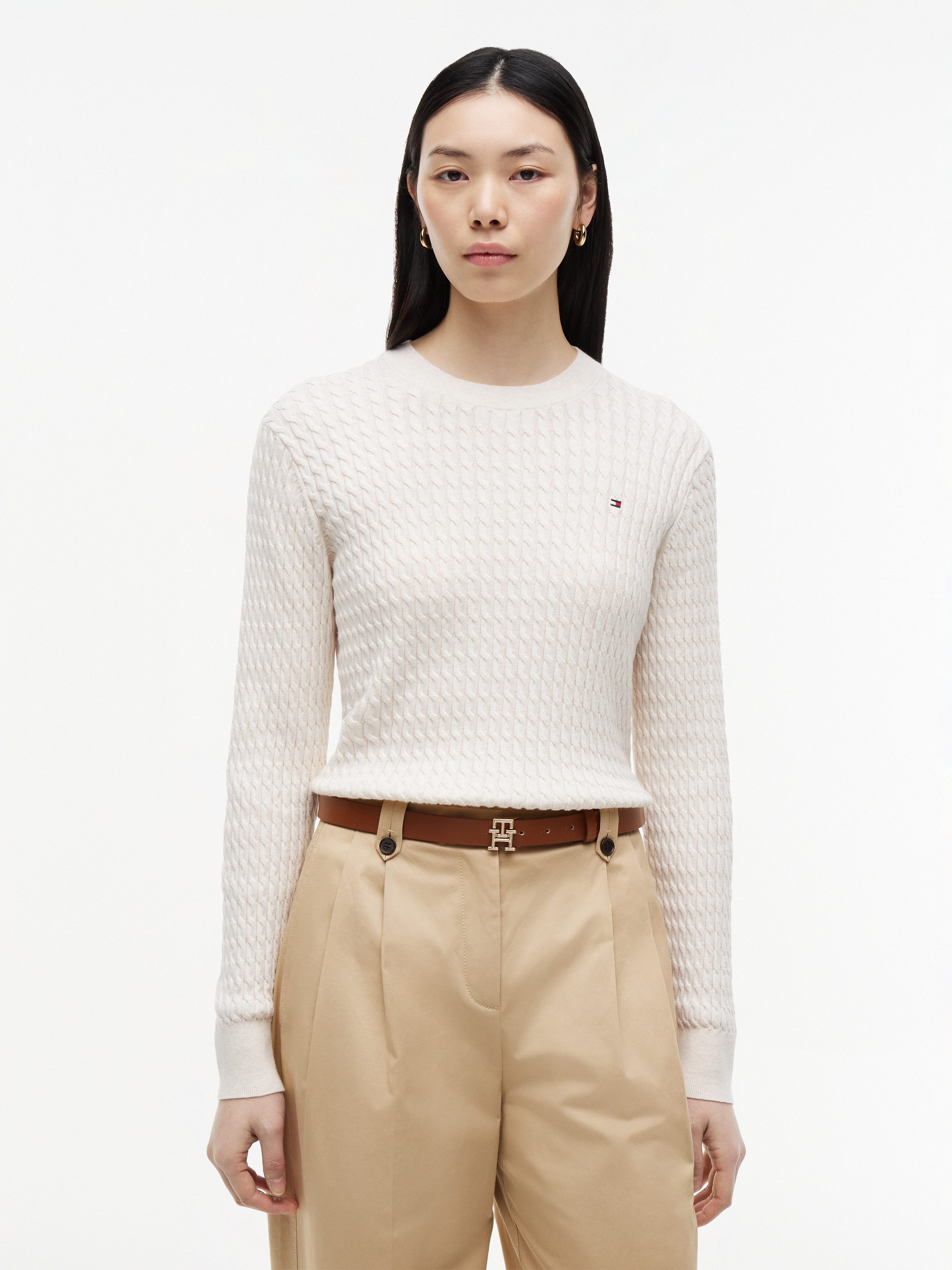 Tommy Hilfiger Rundhalspullover CO CABLE C-NK LS SWEATER Baumwolle, mit Zopfmuster, Regular Fit