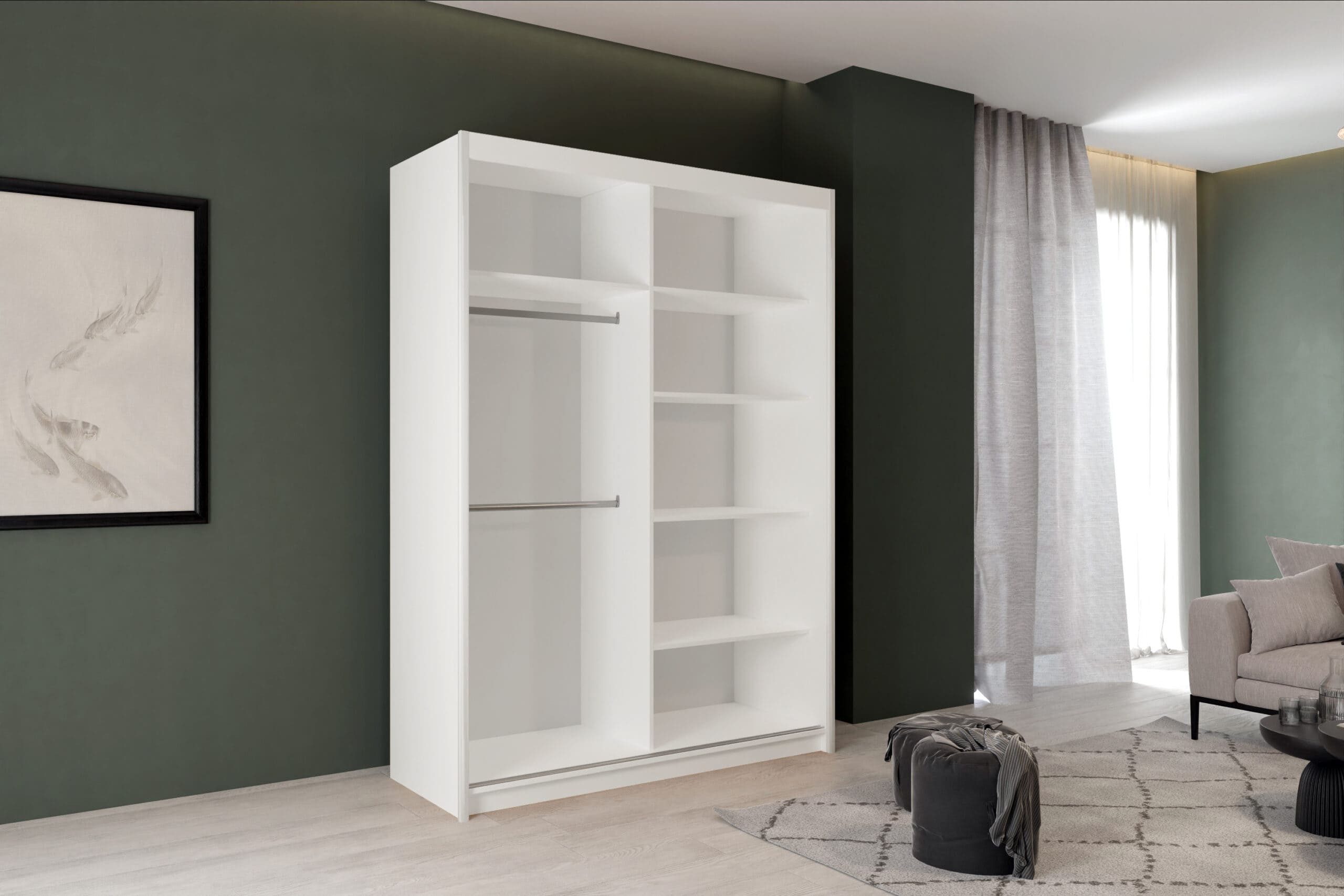MOEBLO Kleiderschrank MESTO (mit Schiebetüren, Schrank mit eleganten Goldverzierungen, Garderobe mit Einlegeböden und Kleiderstange) - (BxHxT): 150/203/250x216x62 cm