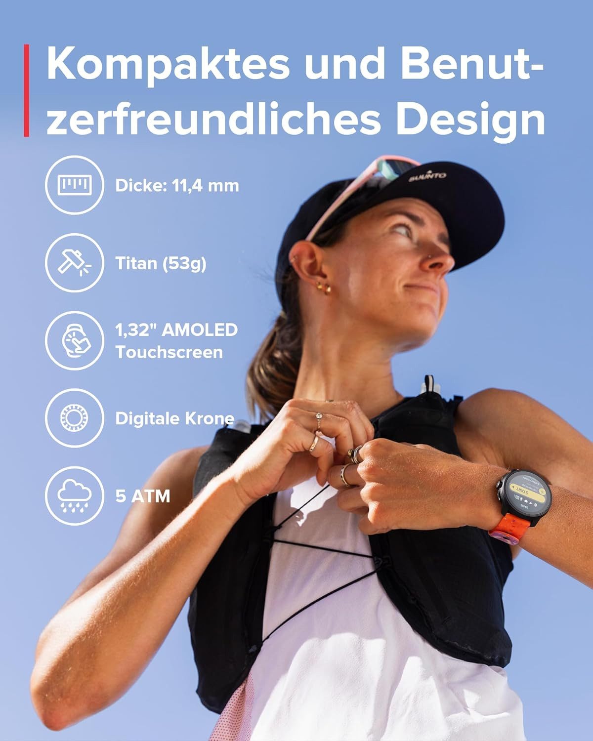 Suunto Smartwatch (3,3 cm, android ios), Multisport Smartwatch mit GPS AMOLED Display HRV und 95 Sportmodi