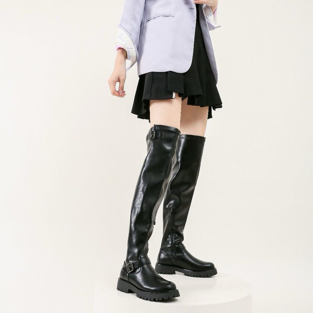 Ital-Design Kniehohe Damenstiefel mit Schnalle für Alltag und Freizeit Plateaustiefel (90153114) Blockabsatz Overknees in Schwarz