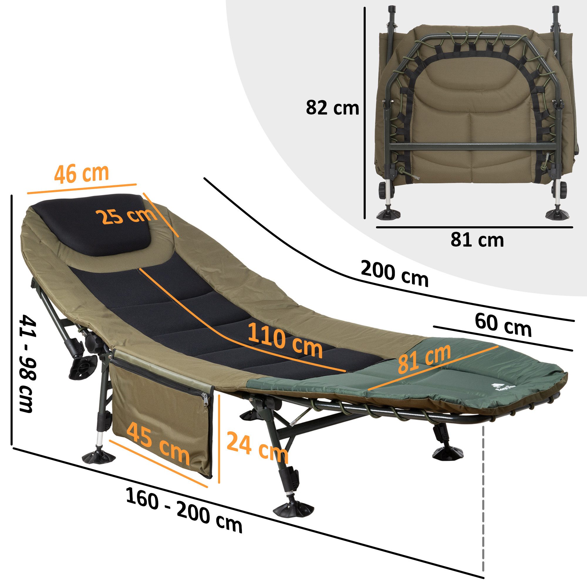 CampFeuer Angelliege Karpfenliege XXL, 200 x 81 x 41-98 cm, Campingliege, faltbar Einfach auf- und abzubauen