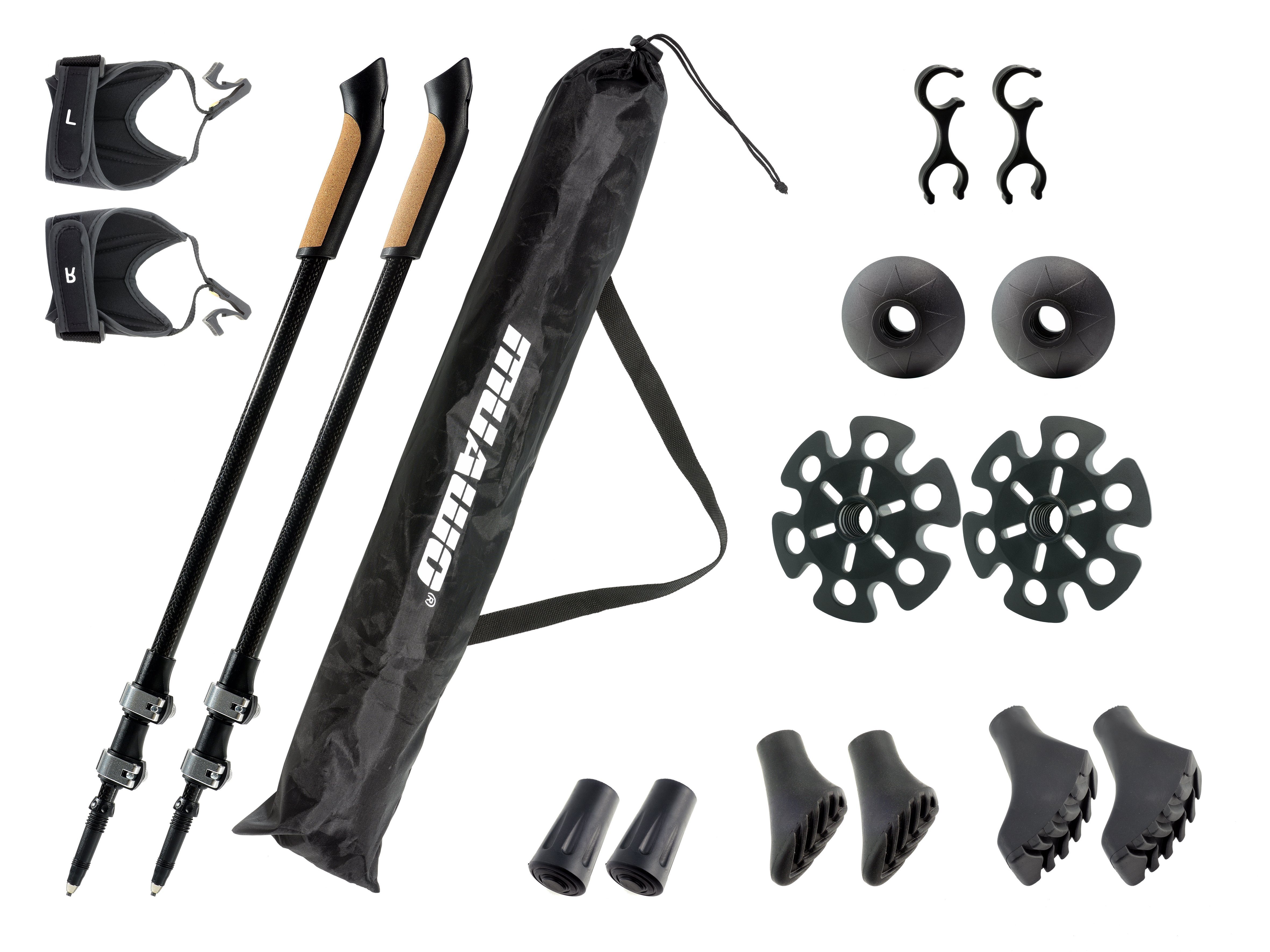 Muawo Nordic-Walking-Stöcke Premium Carbon verstellbar Teleskopstock mit Clickverschluss (praktischer Beutel, Vollständiges Nordic Walking Stock Set mit 15 Teilen), federleicht und ultrarobust, Carbon, verstellbar, ergonomisch