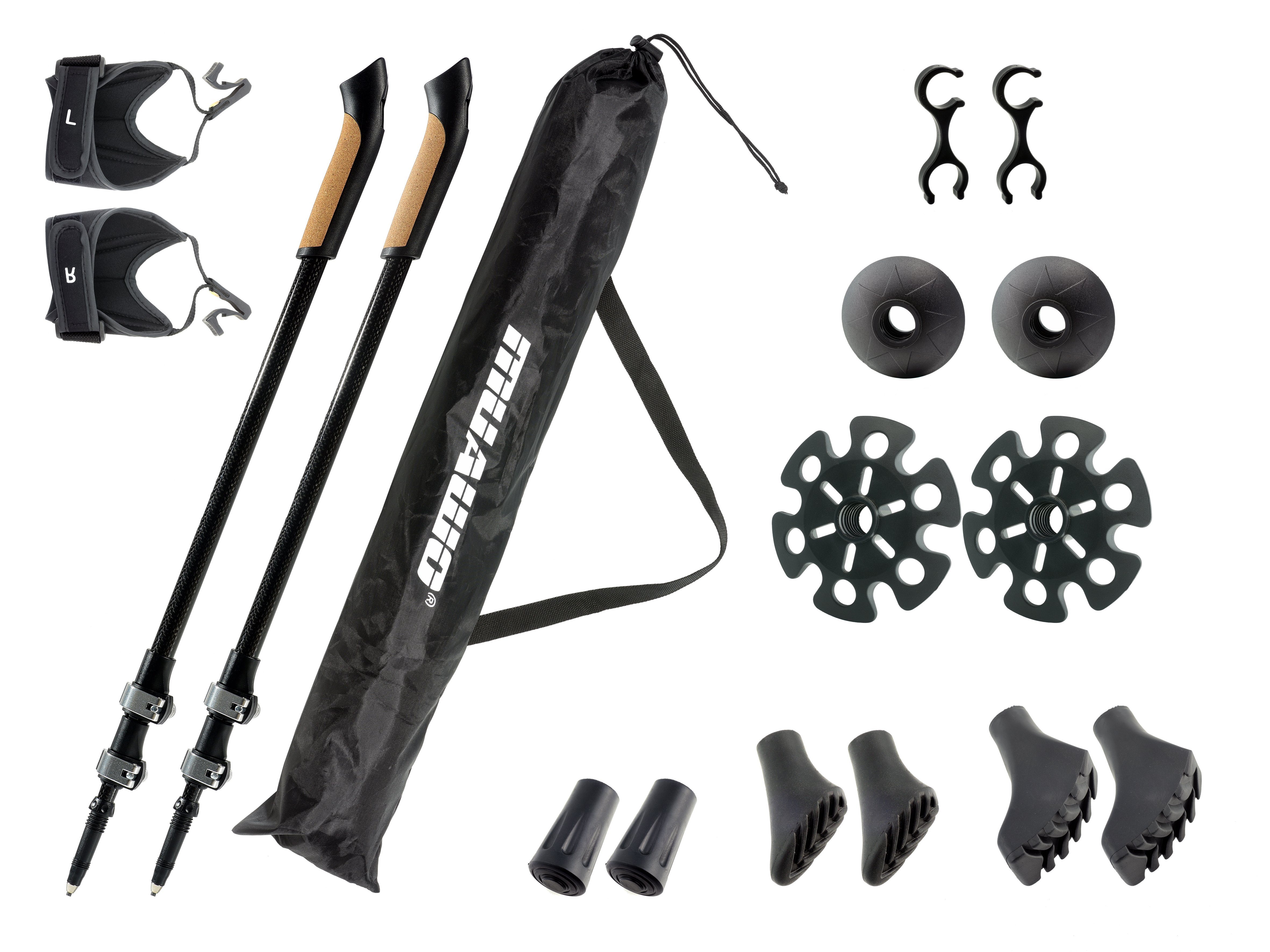 Muawo Nordic-Walking-Stöcke Premium Carbon verstellbar Teleskopstock mit Clickverschluss (praktischer Beutel, Vollständiges Nordic Walking Set mit allen Aufsätzen), federleicht und ultrarobust, Carbon, verstellbar, ergonomisch