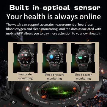 findtime Smartwatch (1,39 Zoll, Andriod iOS), Telefonfunktion Fitnessuhr Blutdruckmessung Militär Uhr Schrittzähler