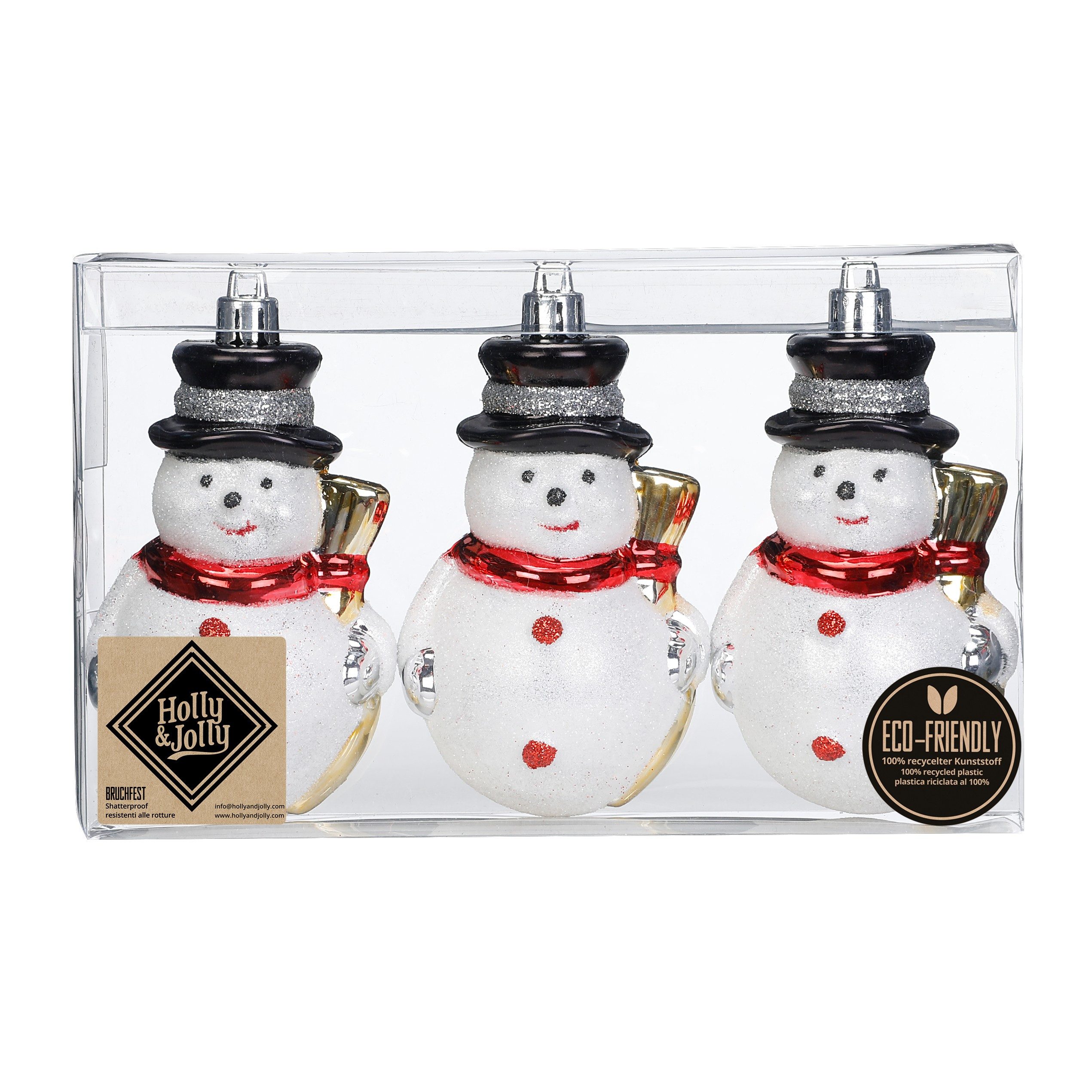 Holly & Jolly Christbaumschmuck, Christbaumschmuck Kunststoff 10cm Schneemann Figur 3er Set Weiß