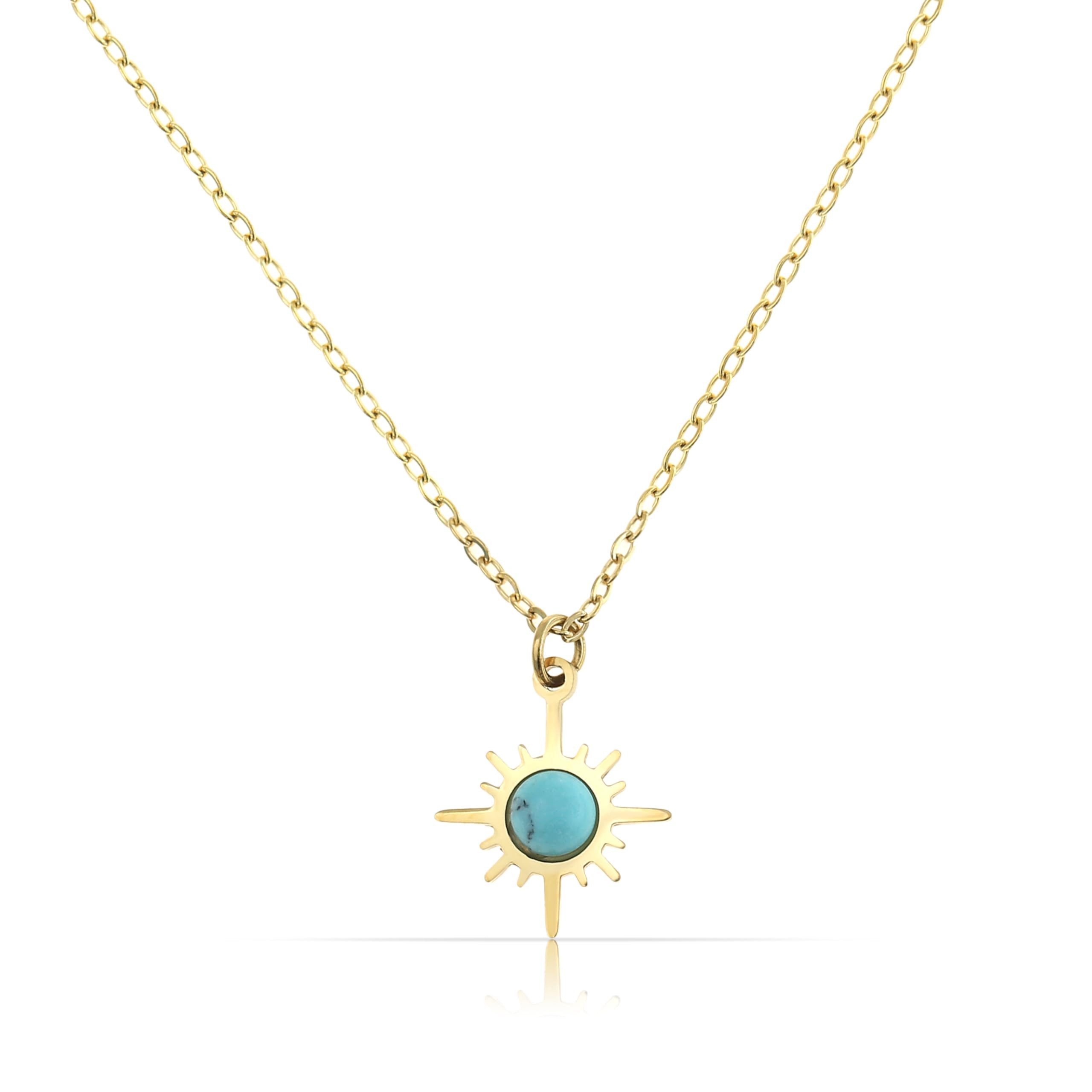 Made by Nami Kette mit Anhänger Gold mit Kompass Anhänger und türkisem Stein aus Chirurg. Edelstahl, 40 + 5 cm Geschenke für Frauen Hypoallergen Wasserfester Schmuck