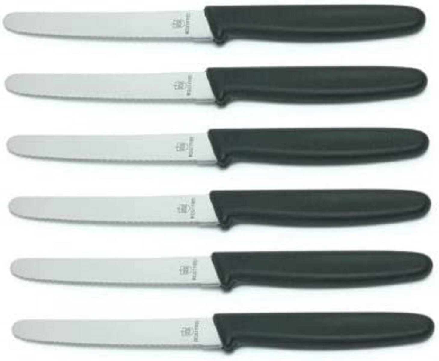Neustanlo Tafelmesser 6 Stück Tafelmesser mit Edelstahlklinge, Wellenschliff, 10299, 22 cm Kunststoffgriffe in Schwarz, rostfrei, ideal als Menümesser
