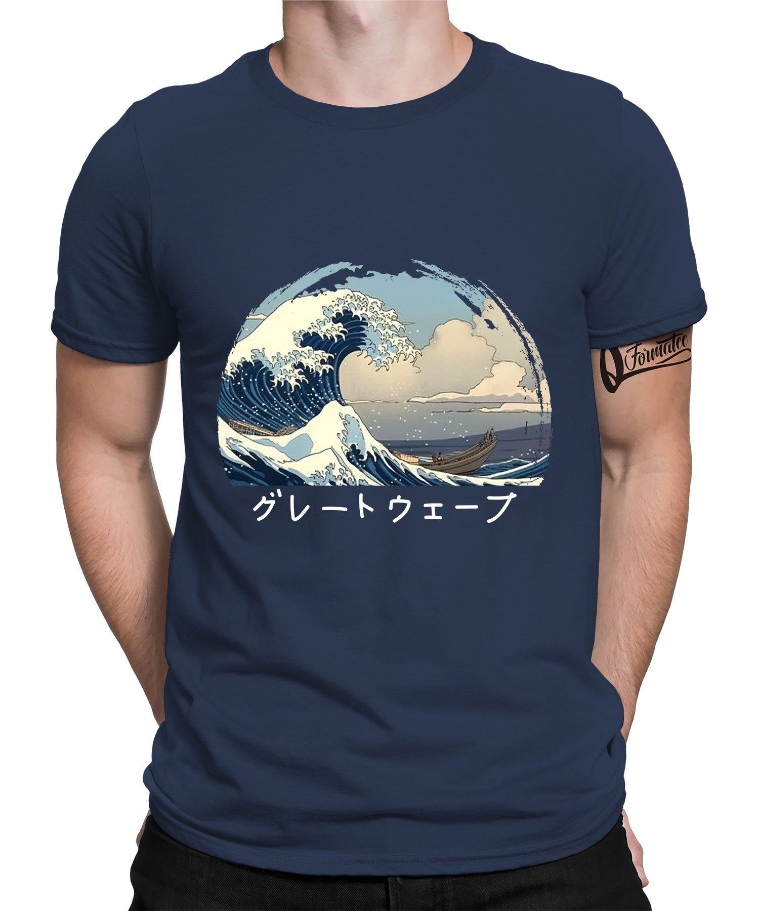 Quattro Formatee Kurzarmshirt Great Wave off Kanagawa - Japan Ästhetik Anime Herren T-Shirt (1-tlg) Navy Blau | T-Shirts