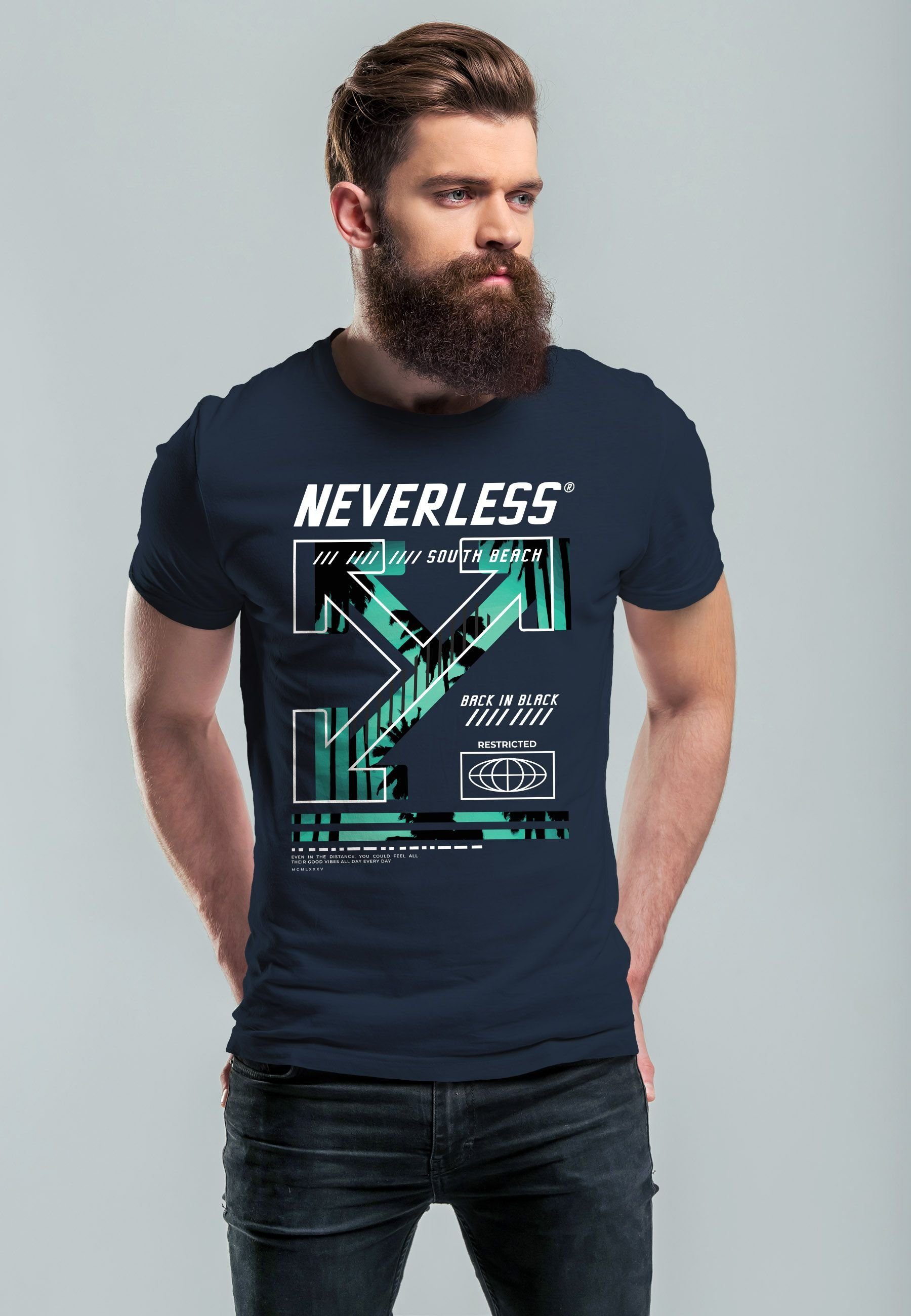 mit Street Text navy Print-Shirt Print Beach T-Shirt Aufdruck South Herren Fashion Neverless Print Techwear