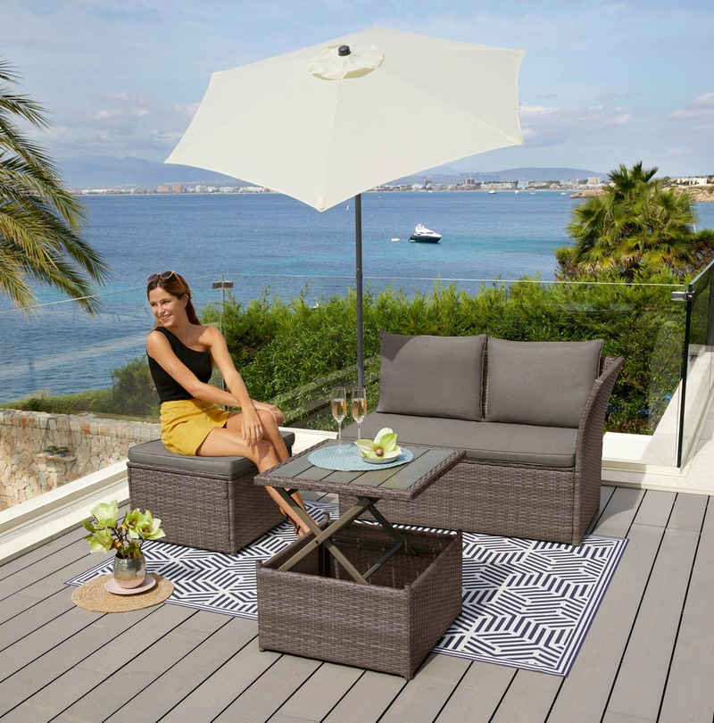 KONIFERA Gartenlounge-Set Marseille Premium, (7-tlg), 2er Sofa, 1 Hocker, Tisch 57x57x36-63 cm, Polyrattan