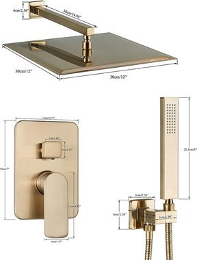 JUNSOTTOR Duschsystem Unterputz Duscharmatur Set Gebürstetes Gold 12 Zoll Dusche Regendusche, 2 Strahlart(en), mit Kopfbrause Handbrause 2 Funktionen Messing für Badewannen