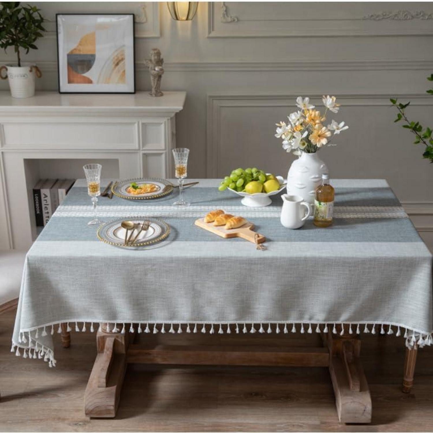 LuxusKollektion Tischdecke Tischdecke Grau Gestreift 140x220cm mit Quasten (1-tlg)