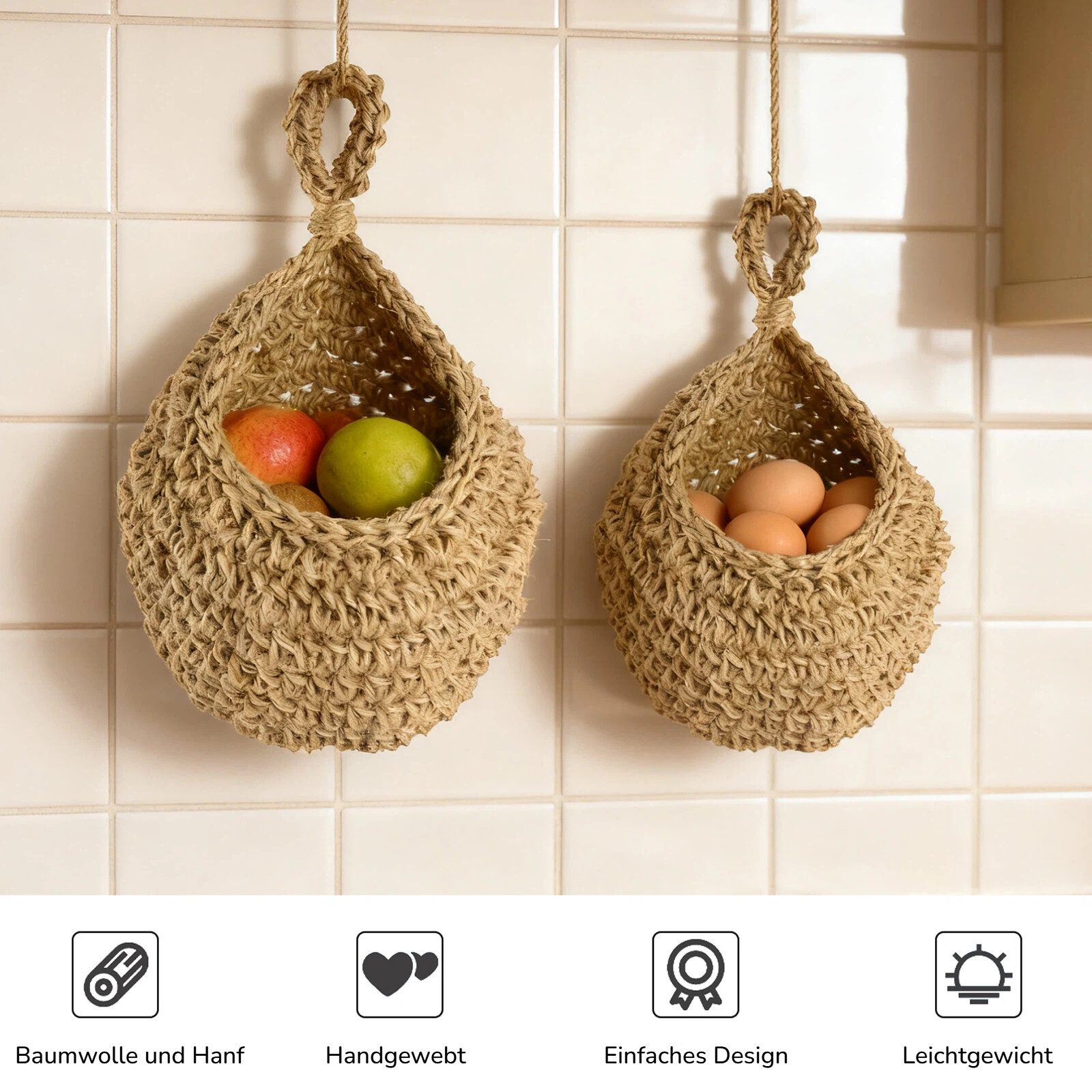 BlingBin Hängekorb Obstkorb Hängend Geflochten, 3 Stück Handgewebt Wandkorb (3er Set, 3 St., Extra groß: 33 × 27 cm; Groß: 28 × 21 cm; Mittel: 25 × 20 cm), Aufbewahrungskorb für Küche Deko, Wohnzimmer, Schlafzimmer