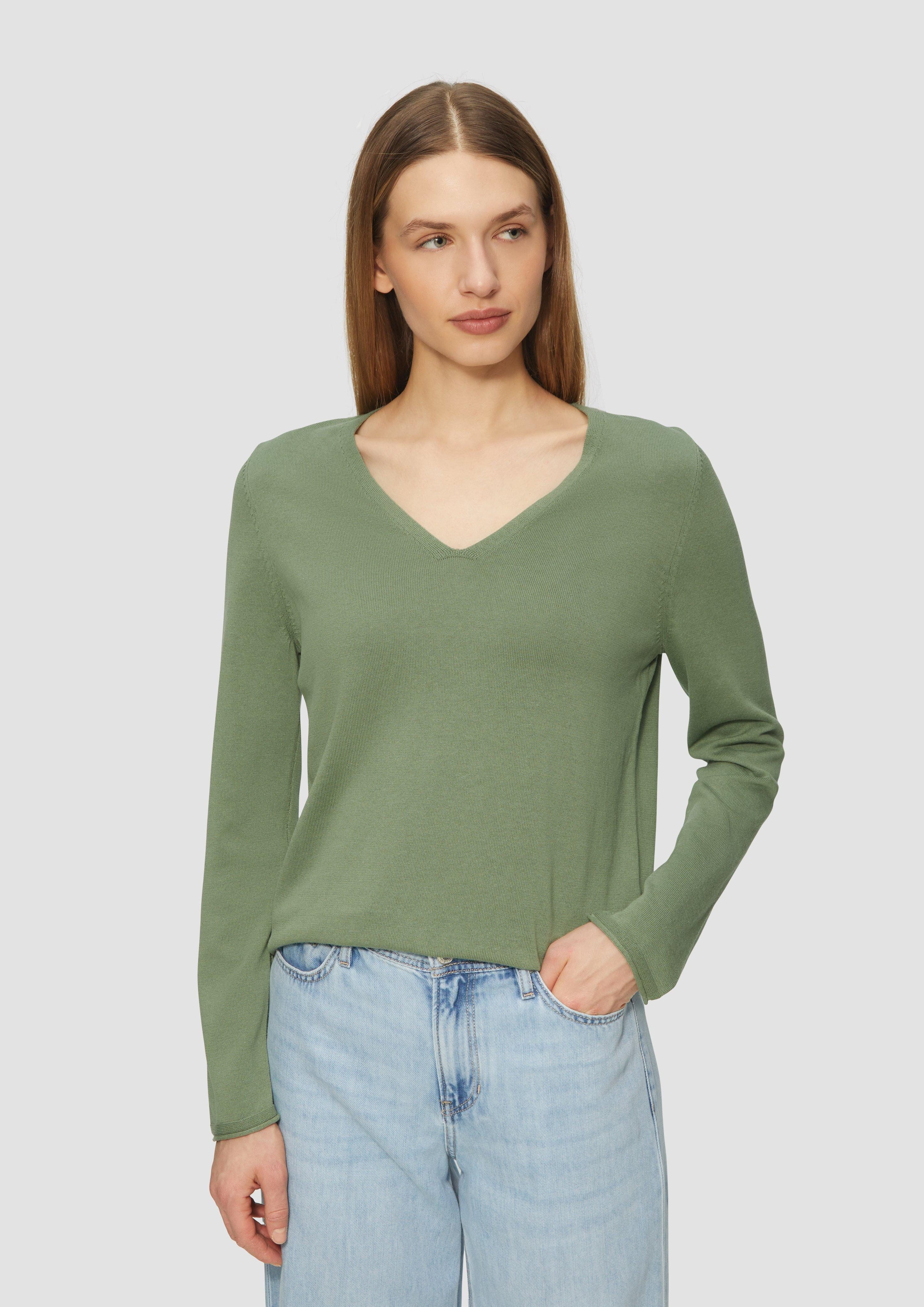 Strickpullover Feinstrickpullover mit V-Ausschnitt und Rollkante am Saum