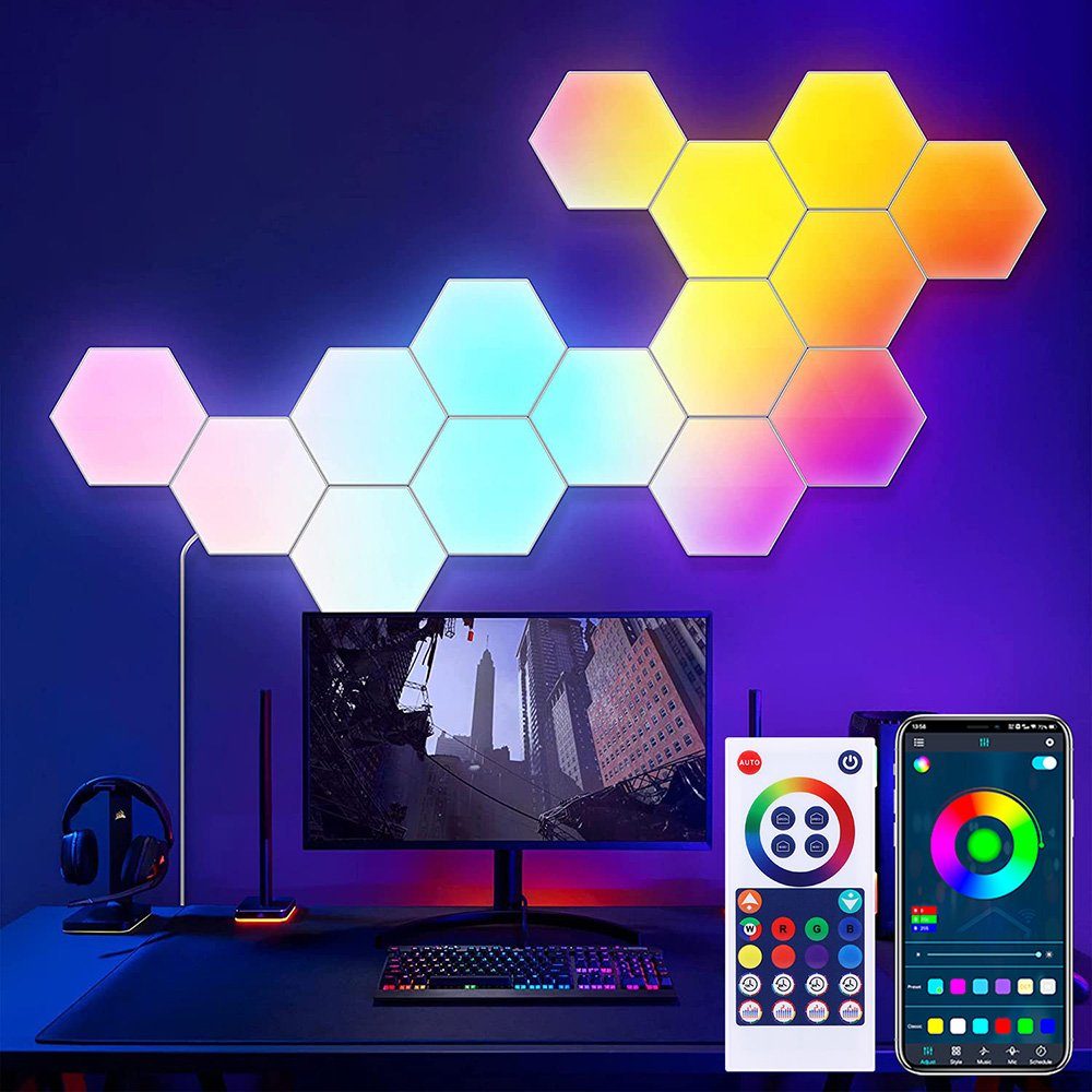 Rosnek LED Wandleuchte RGB, DIY, Musiksyn, Bluetooth, für Schlafzimmer Spielzimmer, Bluetooth, RGB, Smart LED-Sechseck-Leuchten, App und Fernbedienung
