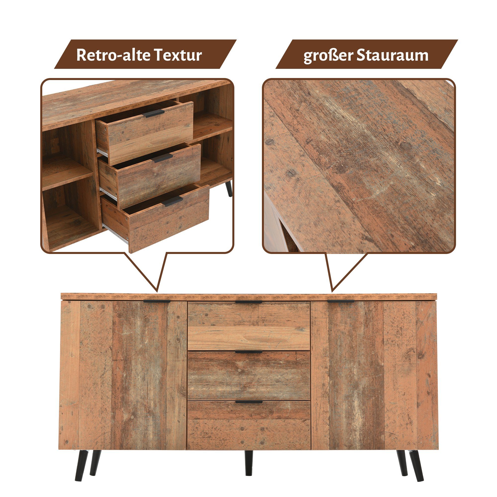 Merax Sideboard in Altholz-Optik mit 3 Schubladen und 2 Türen, Kommode mit verstellbaren Ablagen,B:140cm