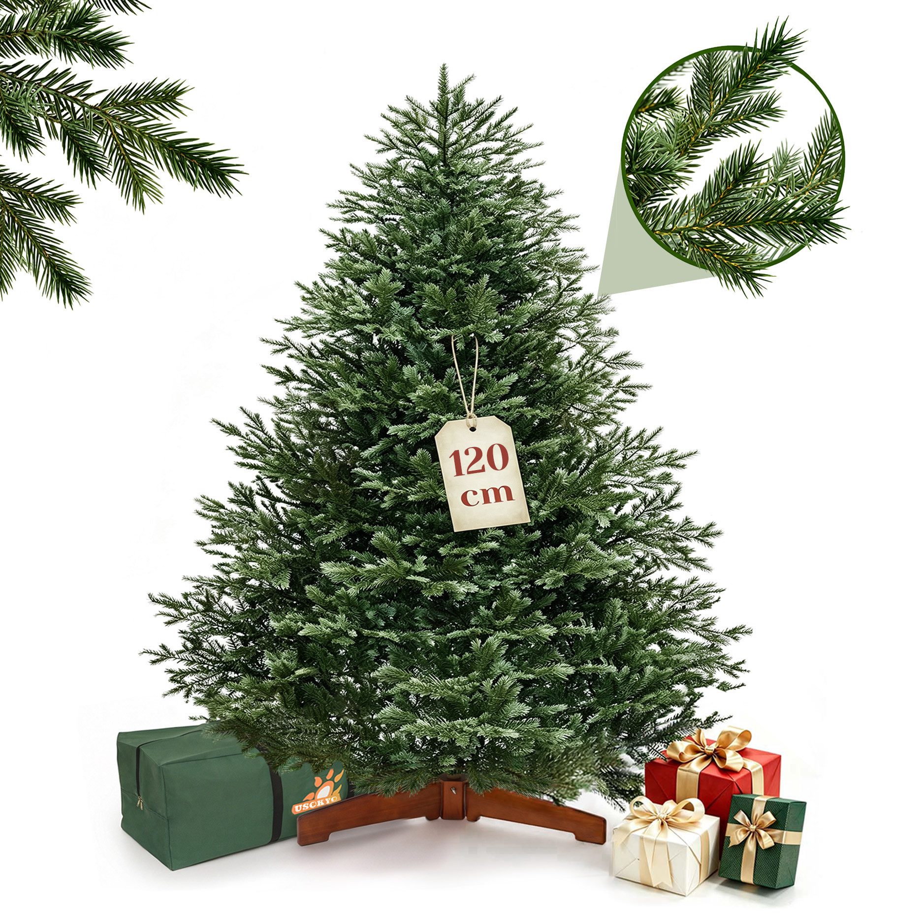 USOKYO Künstlicher Weihnachtsbaum 100 % PE [1,2m/1,8 m/2,1 m] - Naturgetreue Nordmanntanne, Premium Weihnachtsbaum mit Holzständer, Klappsystem & langlebig