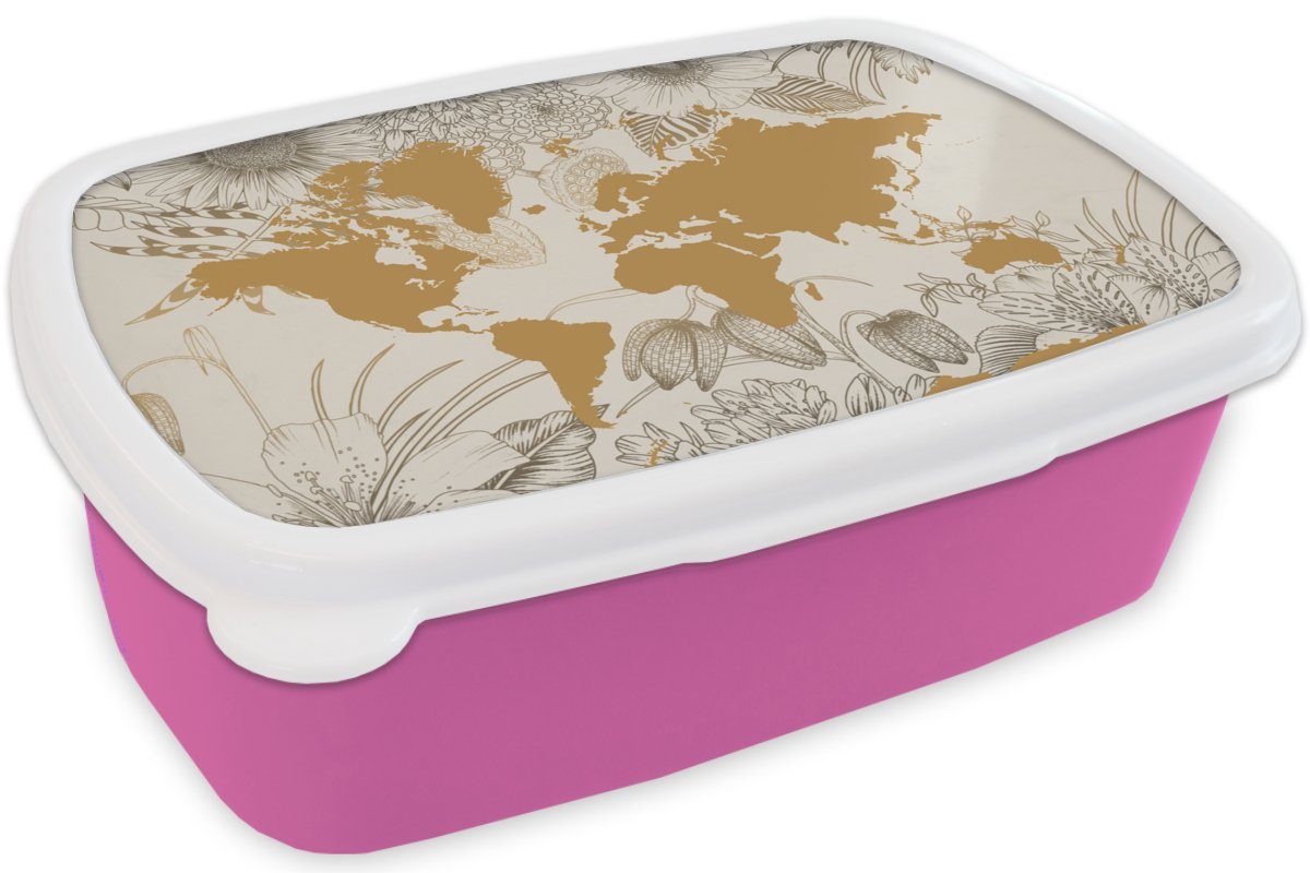 Weltkarte Erwachsene, Snackbox, MuchoWow Brotbox für Kunststoff Brotdose - rosa Mädchen, Kinder, Blumen, (2-tlg), Gold Lunchbox - Kunststoff,