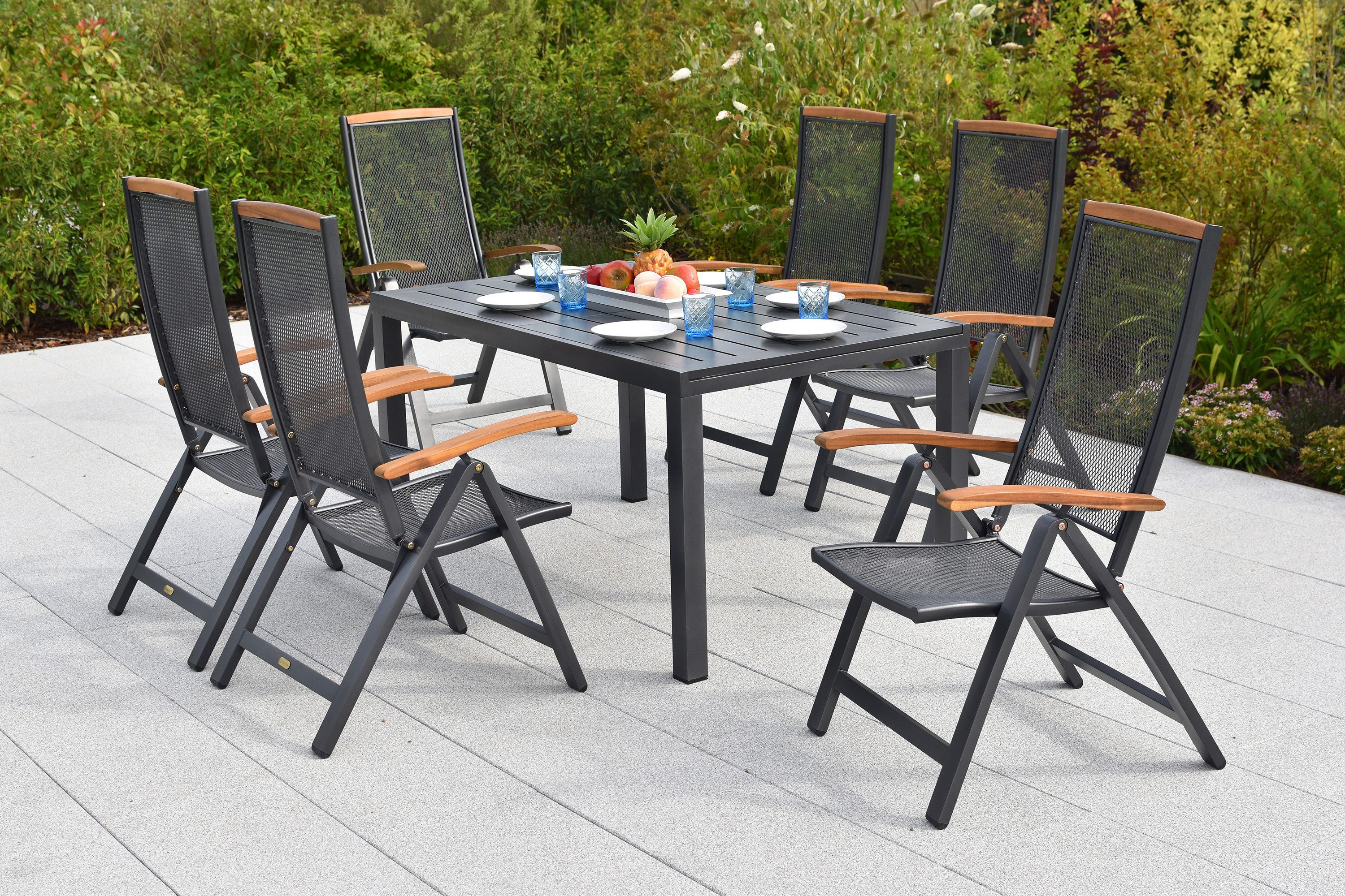 MERXX Garten-Essgruppe Tilos, (Set, 7tlg), 6 Klappsessel mit verstellbarer Rückenlehne, Ausziehtisch, Aluminium