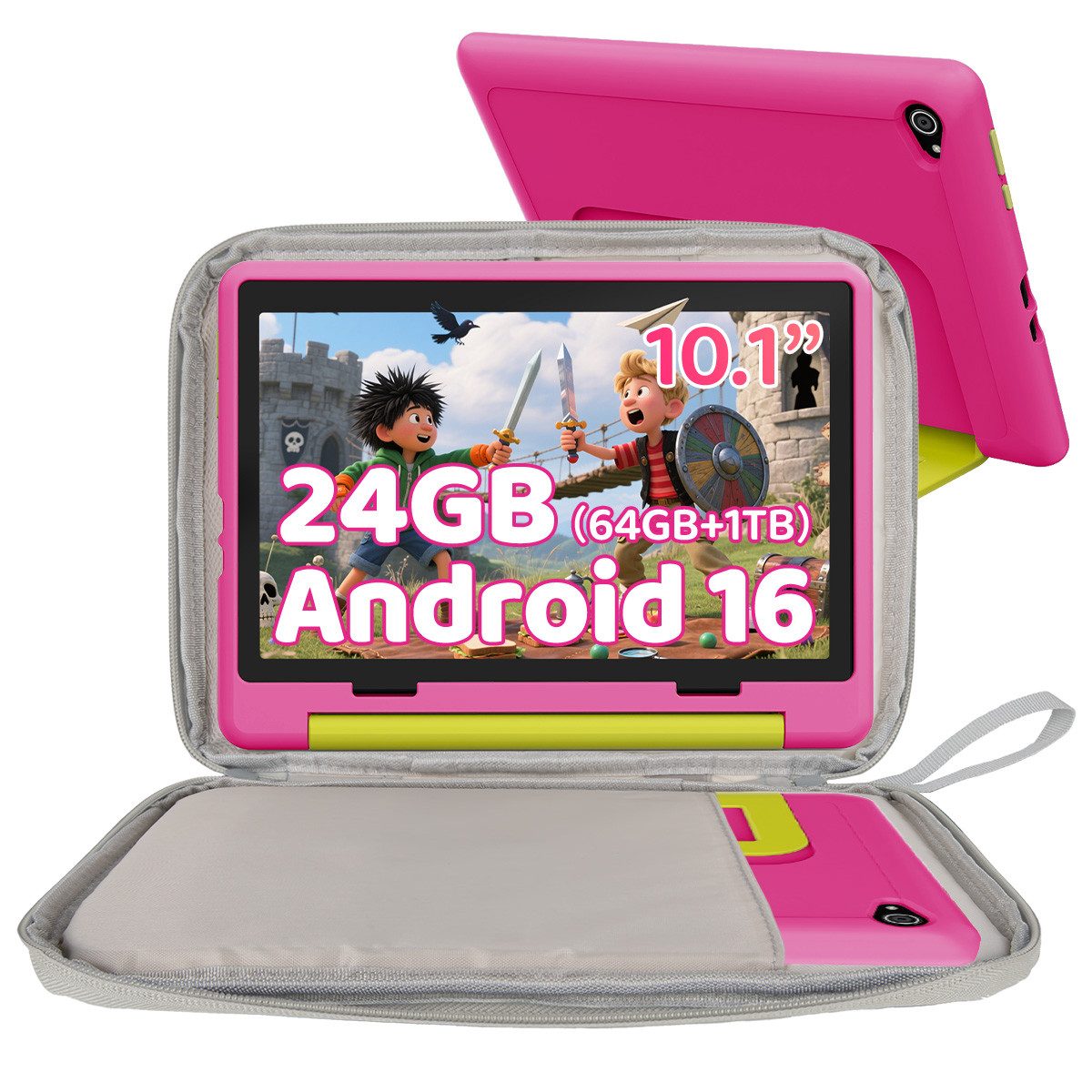 BUFO 10 Zoll 24(3+21)GB RAM+64GB ROM 1280x800 HD-Display Android16 Kinder Tablet (10,1", 64 GB, Android 16, WIFI, Anti-Blaulicht, Vorinstallierte Kinder Lernsoftware, Robustes Design)