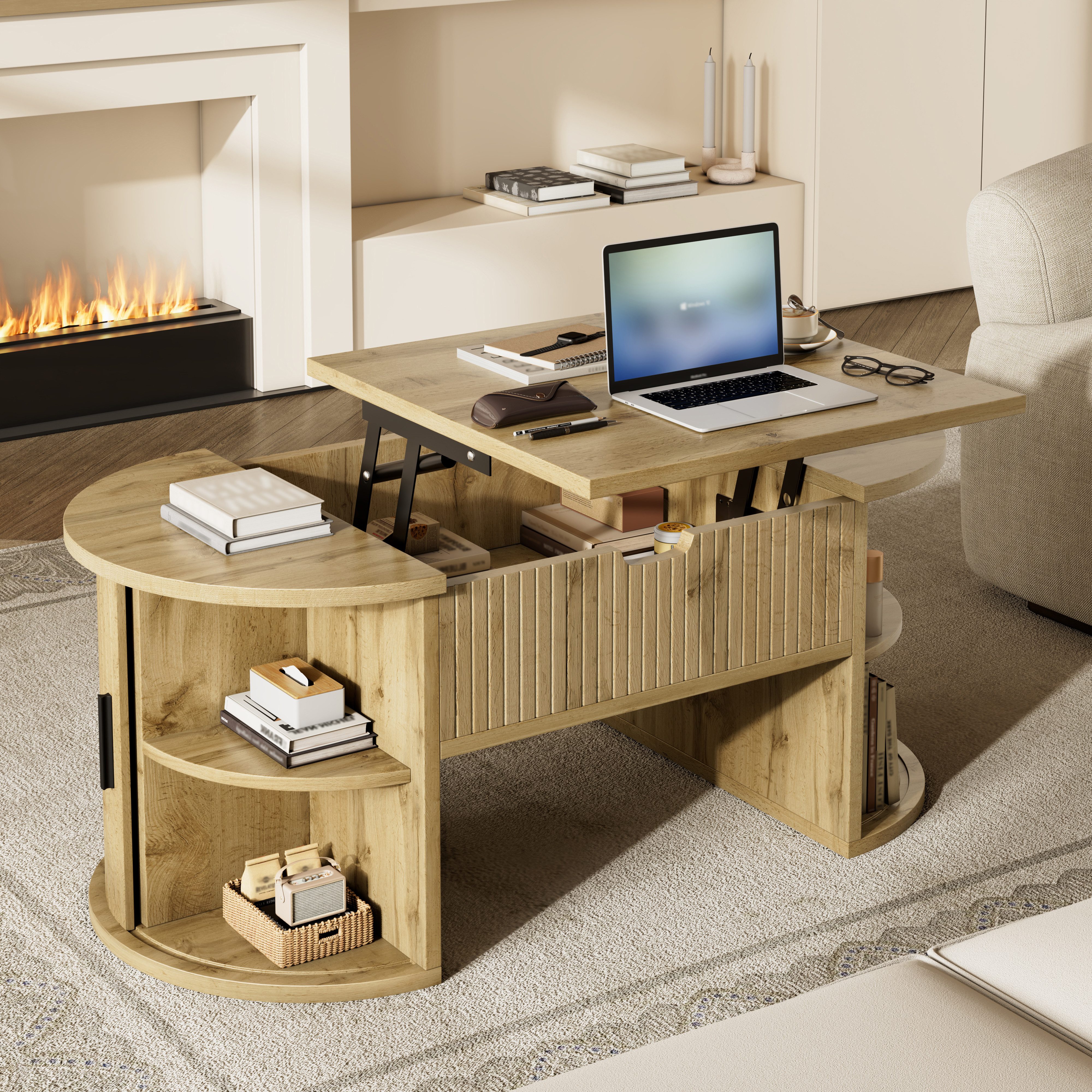 MODFU Couchtisch 100x40,5x50 cm mit Höhenverstellbarer Wohnzimmertisch (Packung, 1-St., Kombination aus offenem Regal & Schiebetür), Ideal für Homeoffice & kleine Wohnungen