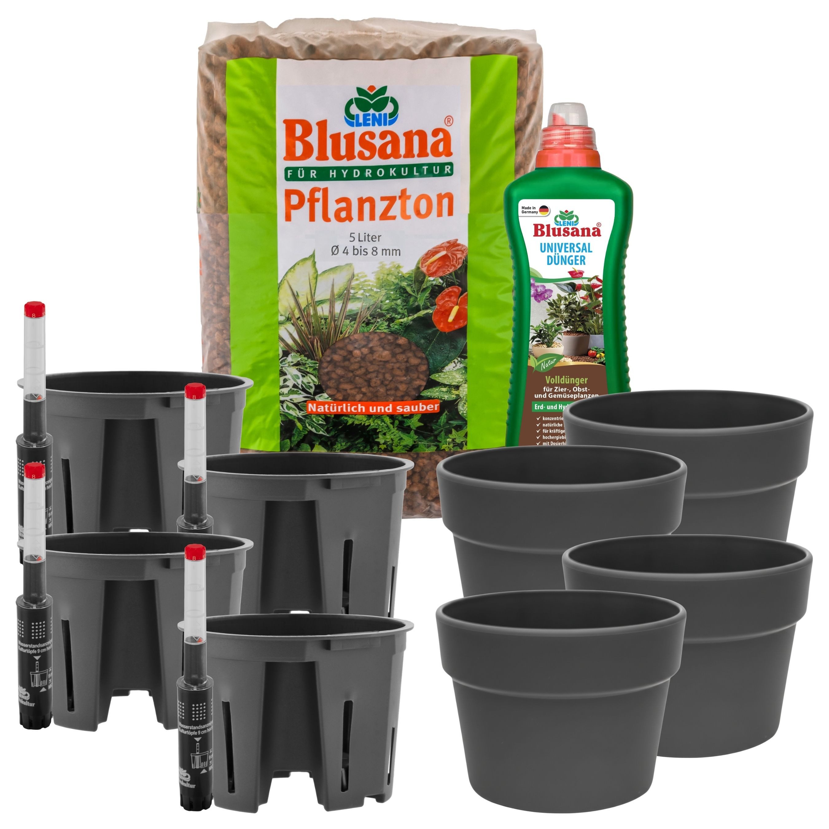 LENI Blumentopf Classic 13,5 x 10 cm Hydrokultur Komplettset Selbst-Bewässerungssystem (Hydrokultur-Set, 4 St., Übertopf, Kulturtopf, Gießanzeige + 1 x 5L Substrat & 1L Dünger), Wasserdichtes Pflanzgefäß für Indoor & Outdoor