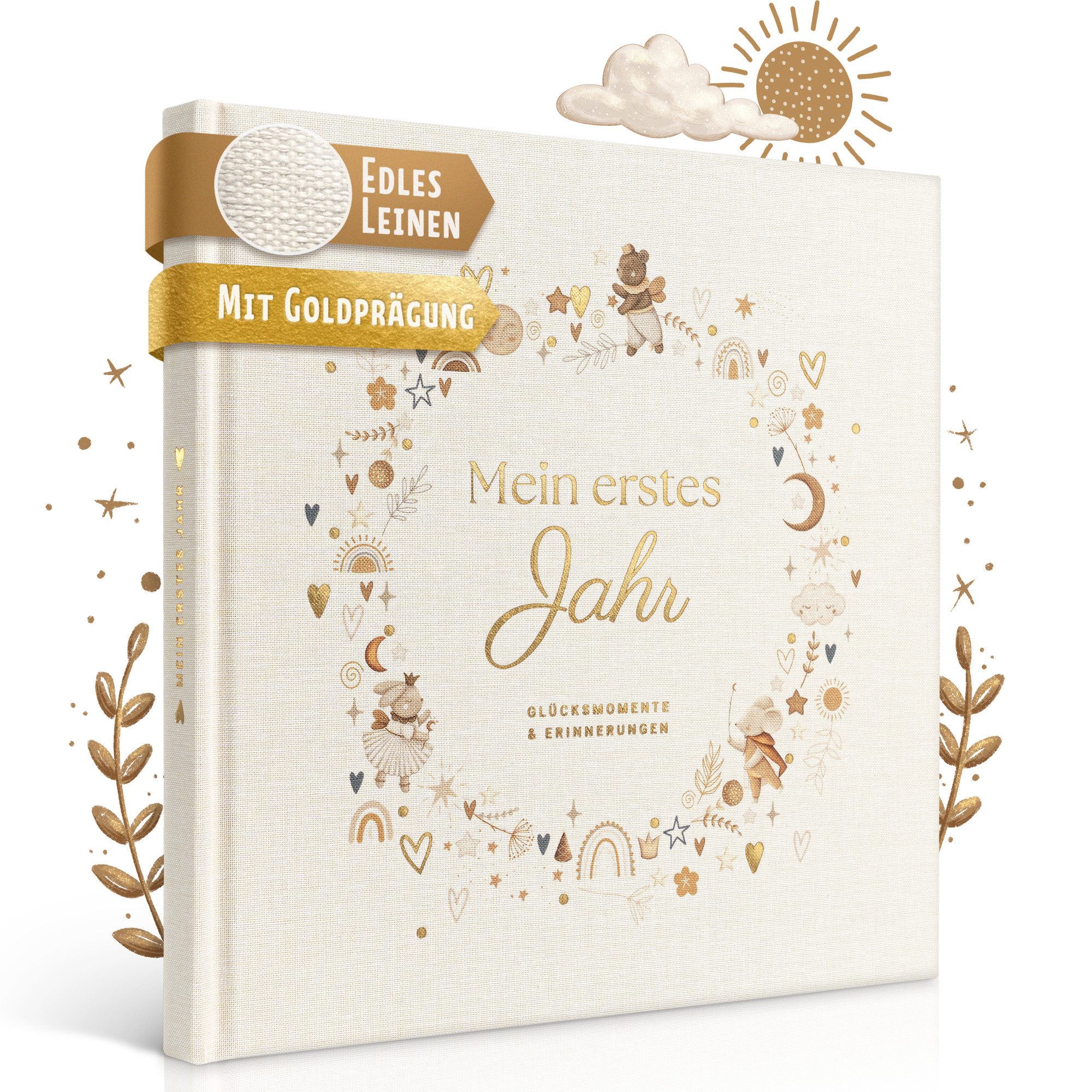Eulentaler Tagebuch I Mein erstes Jahr I Von Eltern & Pädagogen gestaltet I Scandi I, Mit echtem Leinenbezug & Goldprägung