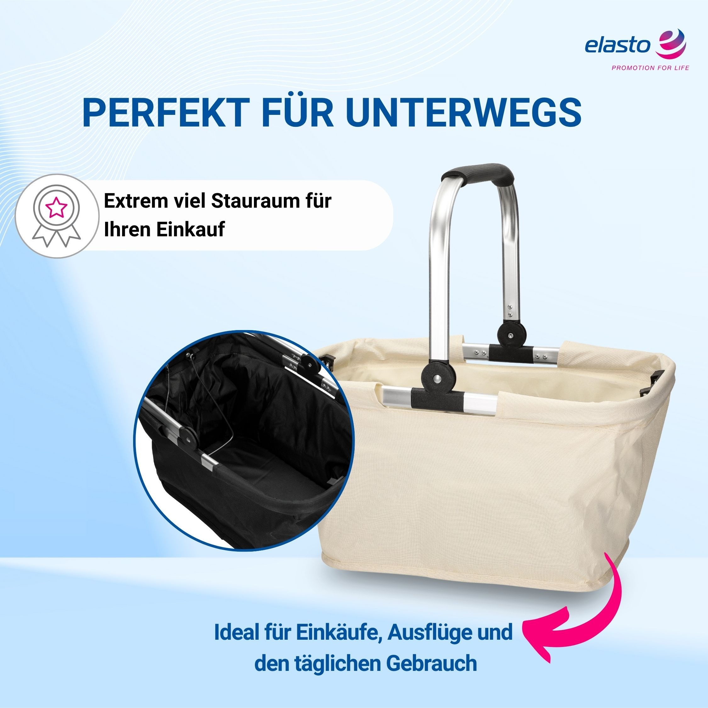 elasto Tragetasche Einkaufskorb mit Henkel ca. 30 L - faltbarer Korb mit Soft Griff
