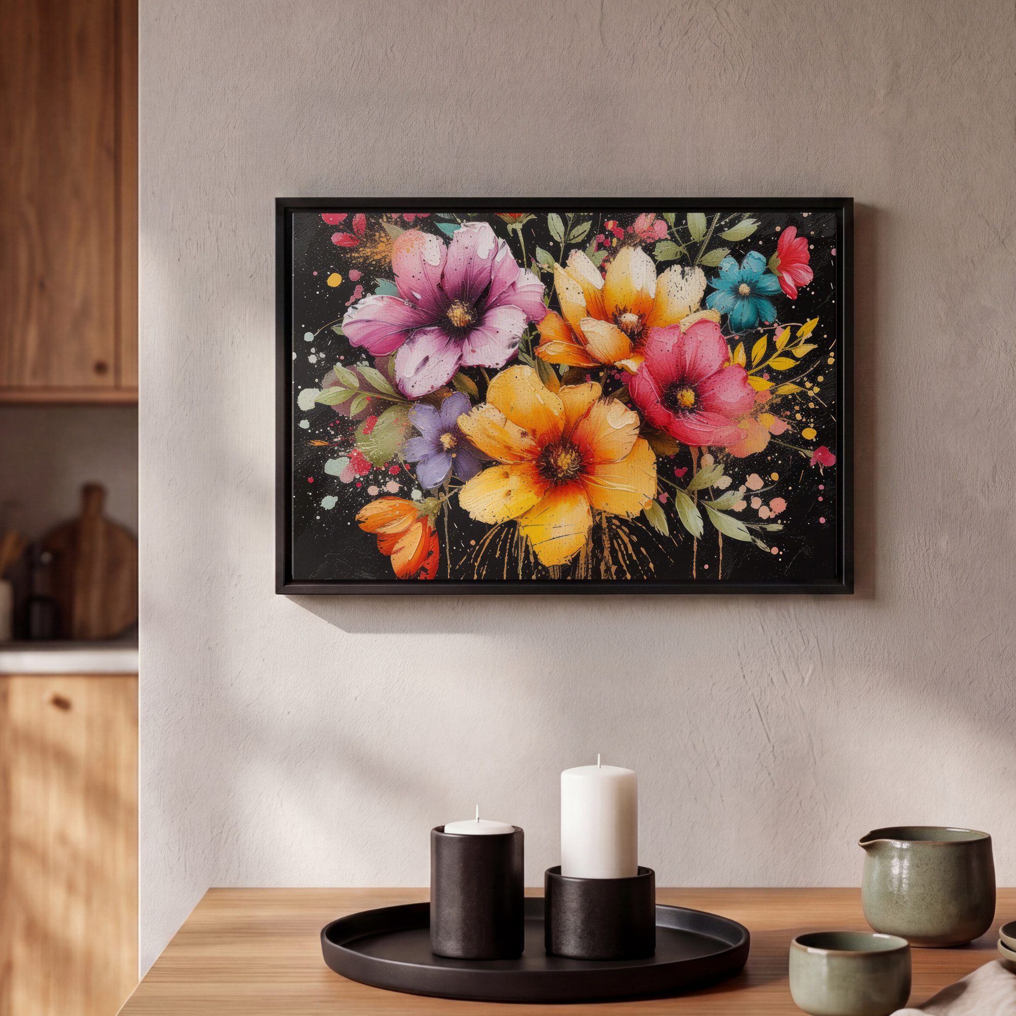 OneMillionCanvasses® Leinwandbild mit Rahmen - Blumen - Graffiti - Farbenfroh - Straßenkunst, Fotodruck (1 St), Bilder, Zimmer Wand Bild Dekoration 30x20cm