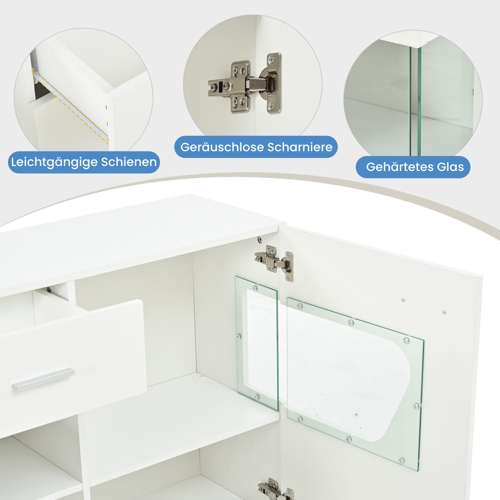 Merax Sideboard Hochglanz Vitrinenschrank Wohnzimmerschrank mit LED-Lichtleiste (140 L x 33 B x 70 H cm, 1 St), Kommode mit 3 Türen, Glasfronten aus Sicherheits – Bild 5 von 5