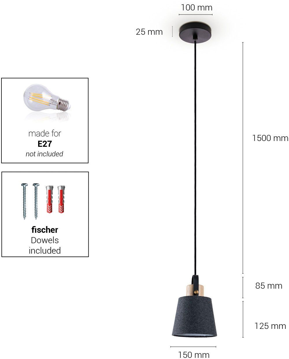Paco Home schwarz MARTA, Leuchtmittel, Design Pendelleuchte Stoffschirm Kabel ohne E27 Esszimmer Industrial grau Wohnzimmer 1,5m