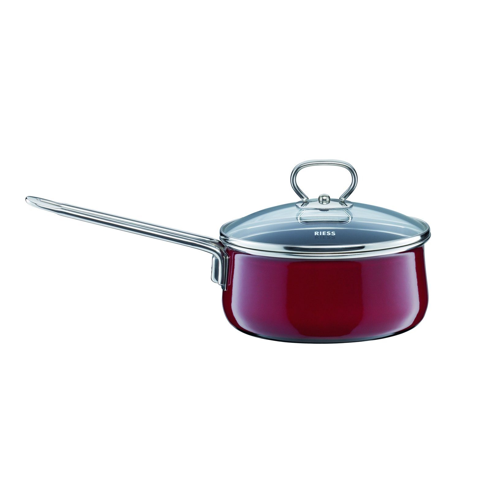 Riess Kasserolle Stielkasserolle mit Glasdeckel 16 cm Rosso, Premium-Email, Empfohlen bei Nickelallergie