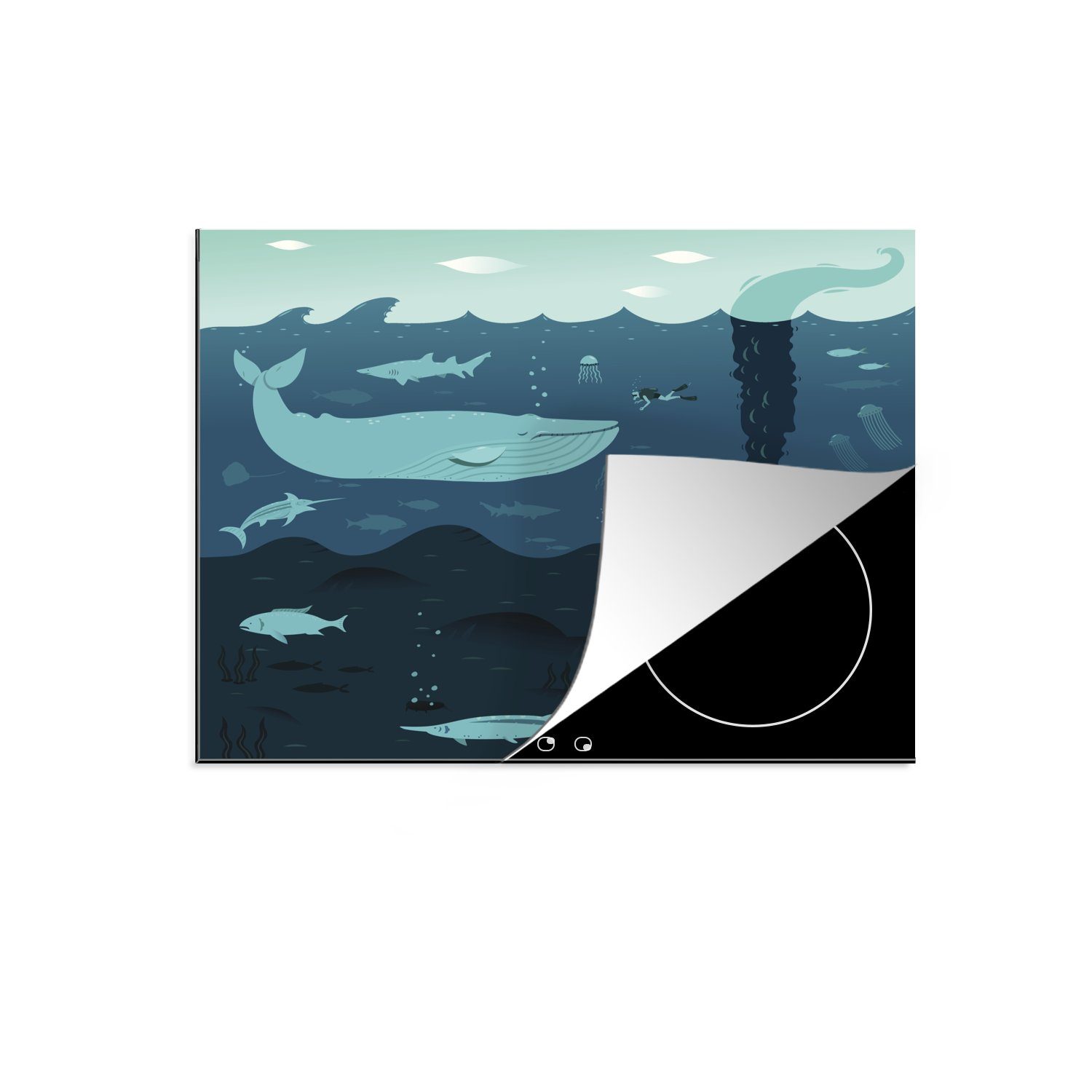 MuchoWow Herdblende-/Abdeckplatte Eine Illustration einer Unterwasserwelt mit einem Wal, Vinyl, (1 tlg), 57x51 cm, Induktionsschutz, Induktionskochfeld, Ceranfeldabdeckung
