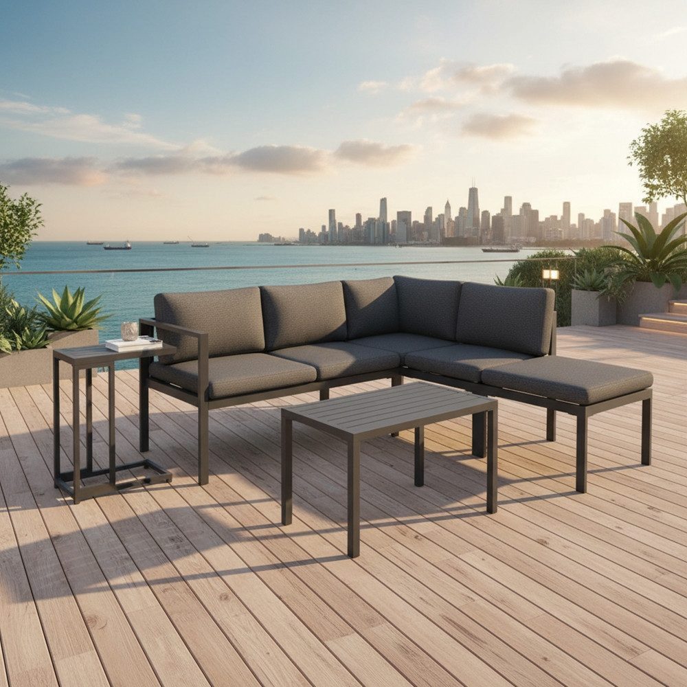 Melko Sitzgruppe 5-teiliges Gartenmöbel-Set aus Aluminium mit Tisch, Hocker und Kissen, (Sitzgruppen-Set, 5-tlg., 2 Sofa-Elementen, 1 Tisch, 1 Beistelltisch, 1 Hocker sowie Auflagen), Flexible Eck-Sitzgruppe mit Aluminiumgestell mit Teslin-Sitzflächen