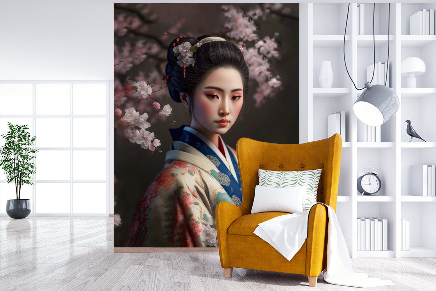 - Kimono bedruckt, Vinyl Porträt, MuchoWow Sakura - St), Asiatisch Fototapete - Montagefertig Wohnzimmer, Tapete Frau - für Matt, Wandtapete (4