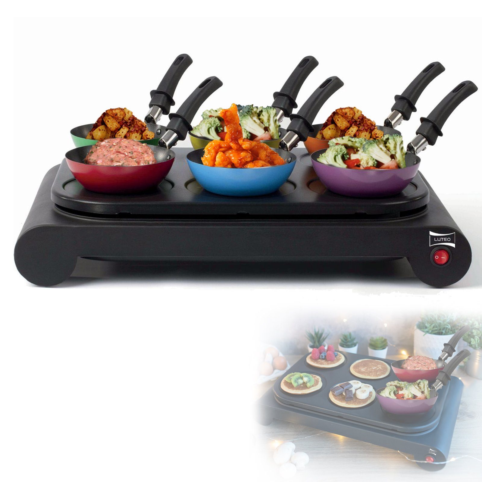 LUTEO Fondue LUTEO Mini Wok Set Raclette Tischgrill Crepes 6 Pfännchen bunt 1000 W, 6 bunte Wokpfannen, 6 Holzspachtel, integrierte Crepe-Formen, Löffel