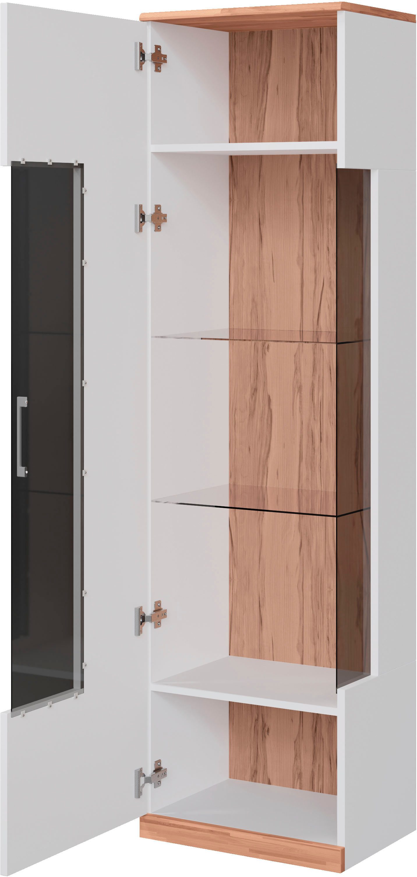 OTTO home Vitrine Ribe,180cm hoch,5 Fächer,2 Glasböden variabel einsetzbar Oberplatte Kernbuche massiv,dunkles Glas, schwarze Metall Griffe