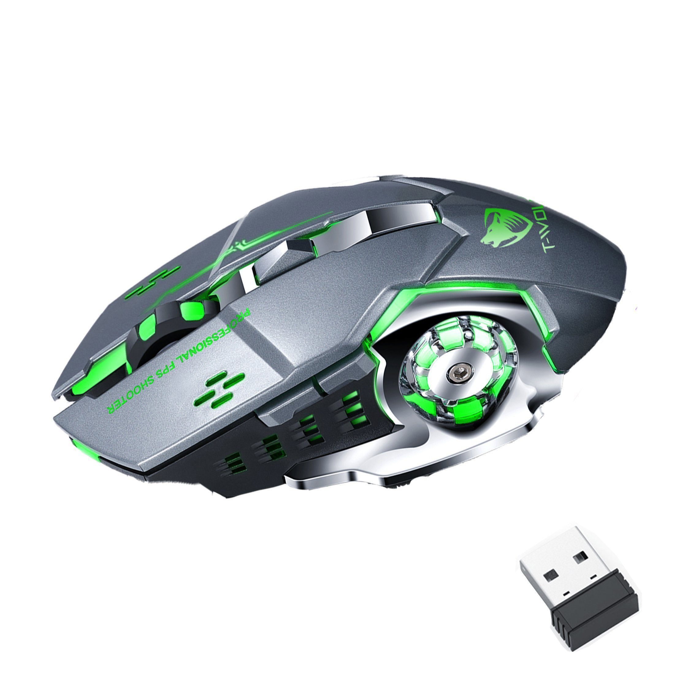KINSI Gaming-Maus,Kabellose Maus,Stumm,Wiederaufladbar,2.4GHz Maus (3-stufige DPI-Einstellung)