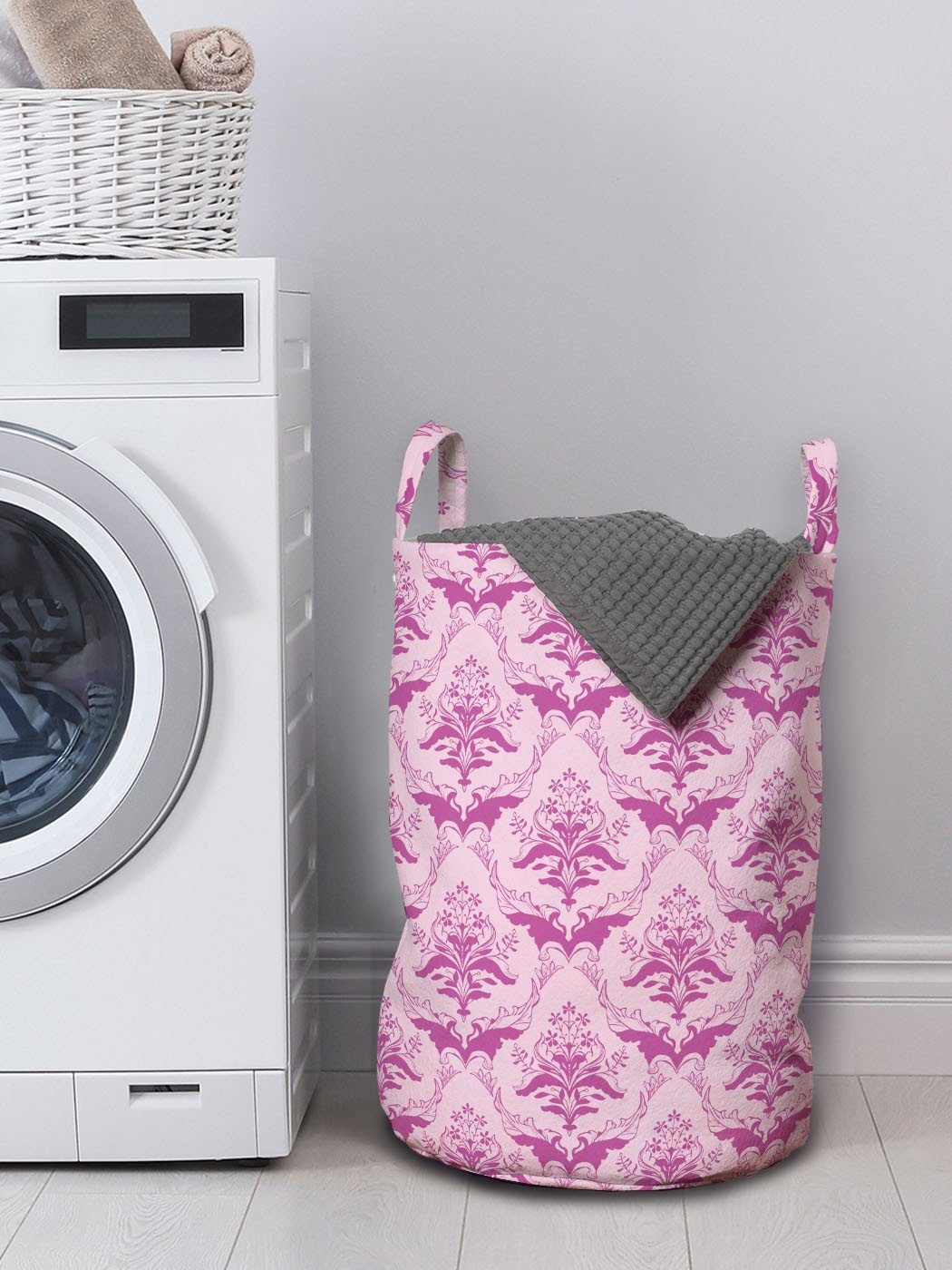 Waschsalons, Victorian Kunst Wäschekorb Monochrome für Damast Kordelzugverschluss Wäschesäckchen Griffen mit Abakuhaus