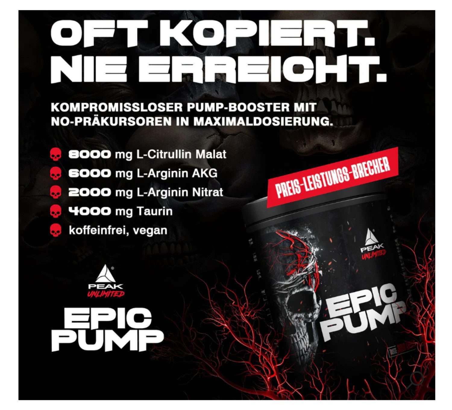 PEAK Epic Pump 500 g Pulver Pulver, 1 er nicht im Set enthalten, Einzelprodukt à 1 St., 500 g, Vegan, glutenfrei, laktosefrei, ohne Aspartam