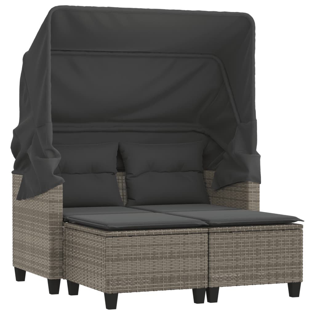 vidaXL Sofa, Gartensofa 2-Sitzer mit Dach und Hockern Grau Poly Rattan