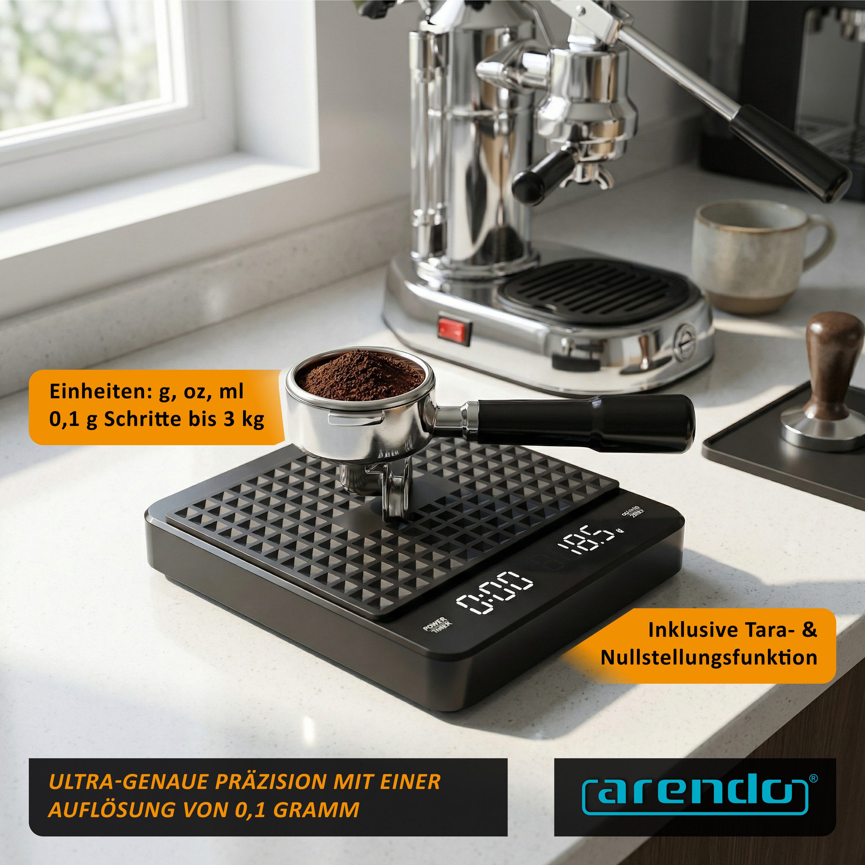 Arendo Küchenwaage digitale Kaffewaage, Baristawaage, Feinwaage 0,1 g Auflösung, 3kg max., (1-tlg), für Kaffee Espresso Shot Tee Gewürze Backzutaten, Tara, g/ml/oz/lb/fl