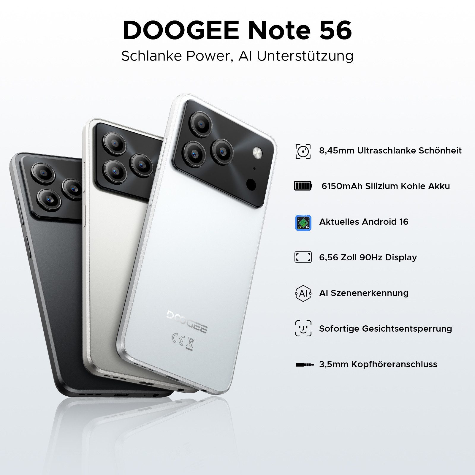 DOOGEE Note 56 Android 16 Handy Ohne Vertrag, 6150mAh, 6.56" 90Hz HD Smartphone (6.56 Zoll, 64 GB Speicherplatz, 8 MP Kamera, 3GB+64GB Speicher, 4G Dual SIM, 8,45mm dünn, Face ID, GPS)