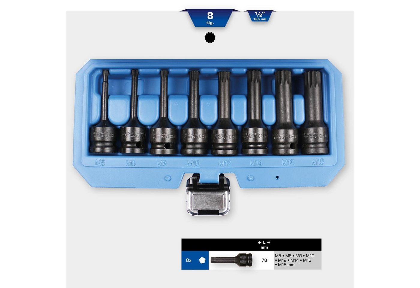 Thumbnail - Brilliant Tools Stecknuss 1/2" Kraft-Bit-Stecknuss-Satz, XZN, 8-tlg, M5 - M18