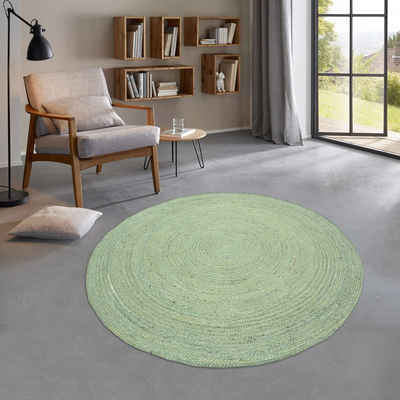 Teppich Jute Teppich Mani Colour rund Flachgewebe Boho Modern, TaraCarpet, rund, Höhe: 5 mm, Teppich Sisal optik rund grün Wohnzimmer 150x150 cm rund