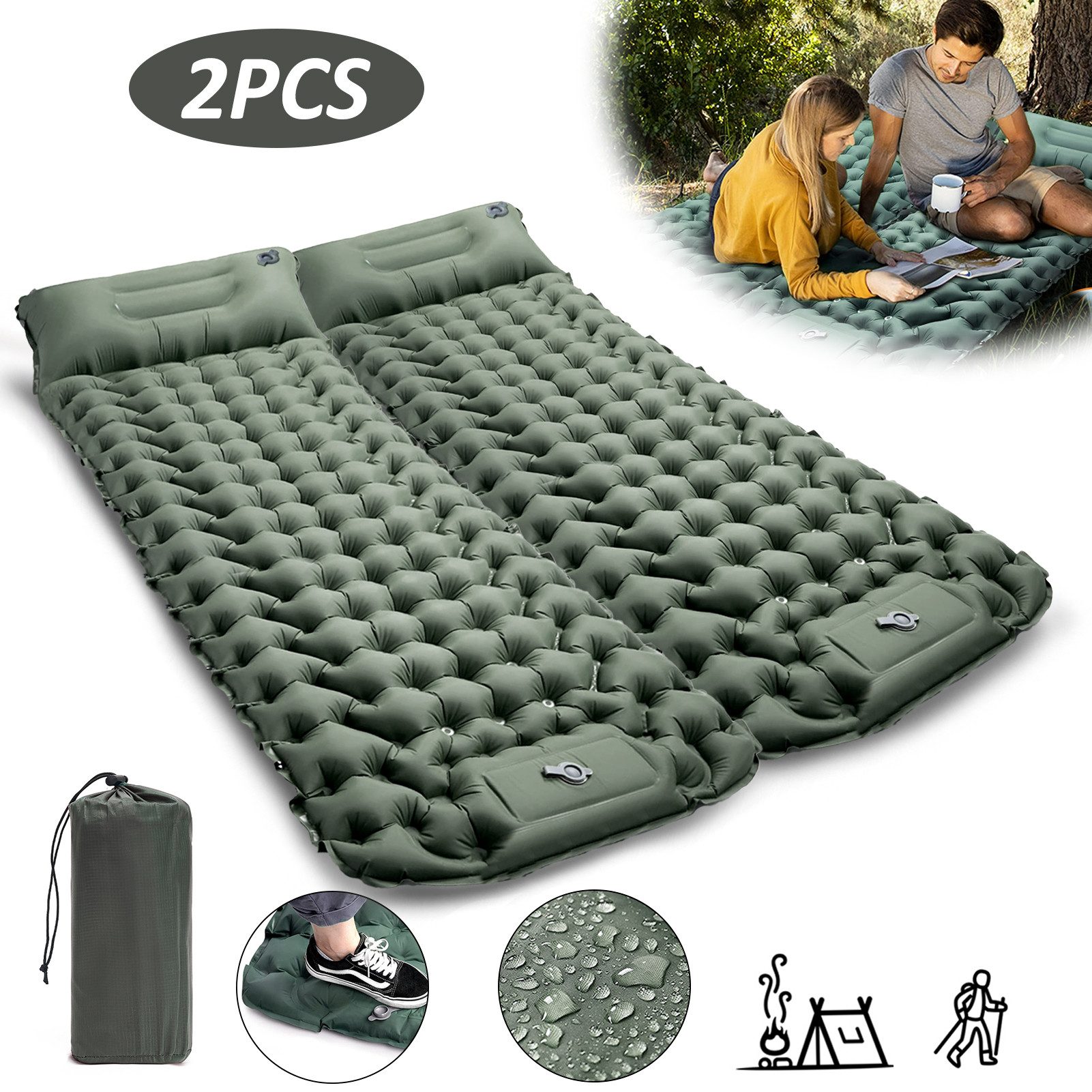 CALIYO Isomatte 2-Tlg Isomatte Outdoor, Isomatte Ultraleicht, Isomatte Camping Outdoor, (2-tlg., Isomatte Camping Selbstaufblasend mit Fußpresse Pumpe und Kissen), erschleißfest/wasserabweisend/reißfestigkeit