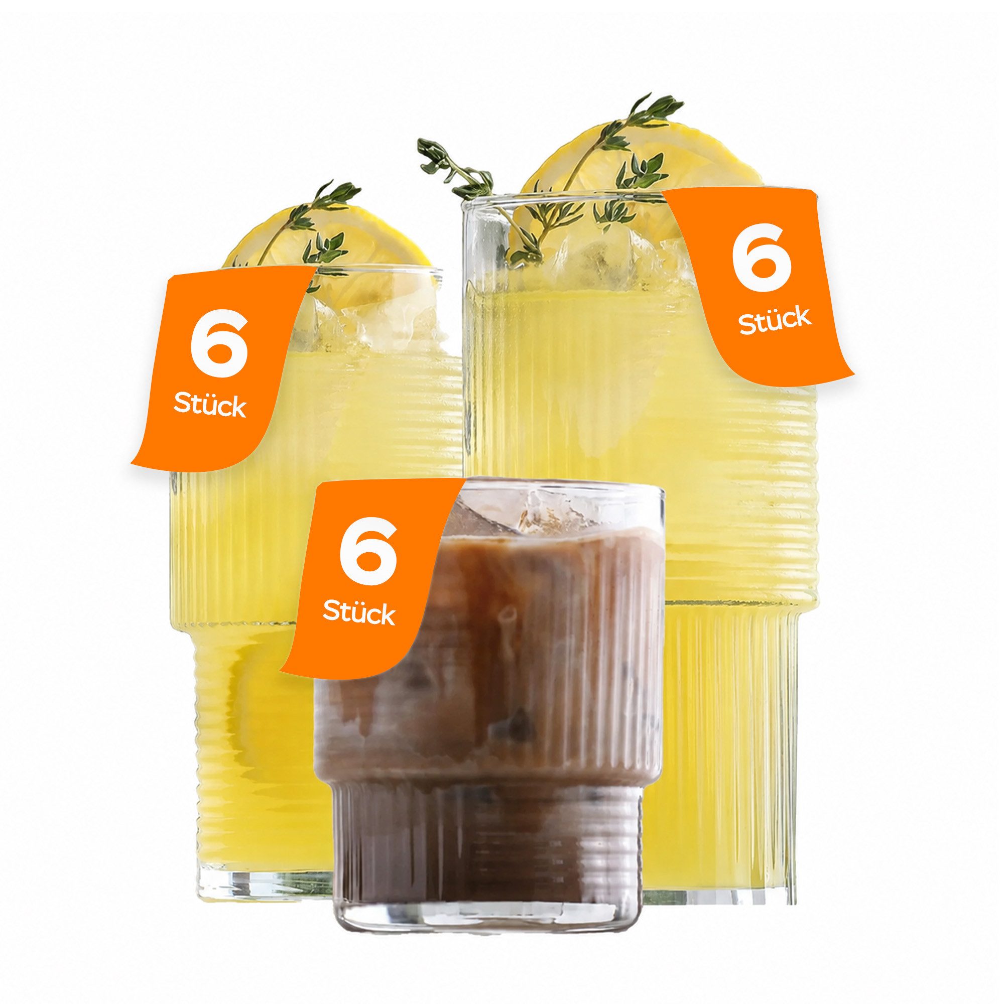LAV Gläser-Set Helen Serie 18-Teilig (325ml, 400ml, 515ml), 6-tlg., Glas, 18-tlg. Stapelbar Set, drei unterschiedliche Größen in einem Set