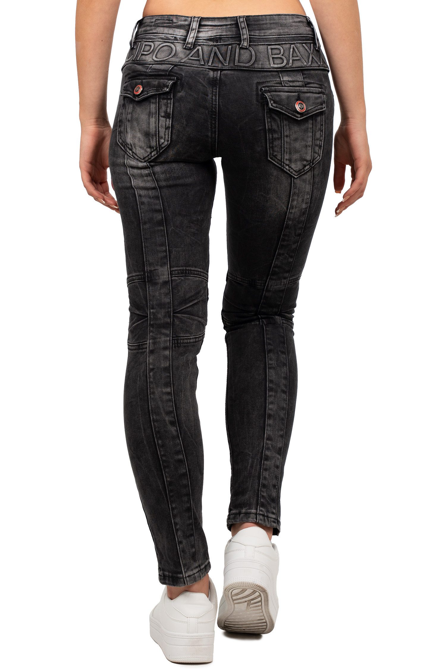 Cipo & Baxx Slim-fit-Jeans Damen Slim Fit Hose Stonewashed BA-WD358 mit modischen Ziernähten & Zier-Reißverschlüssen