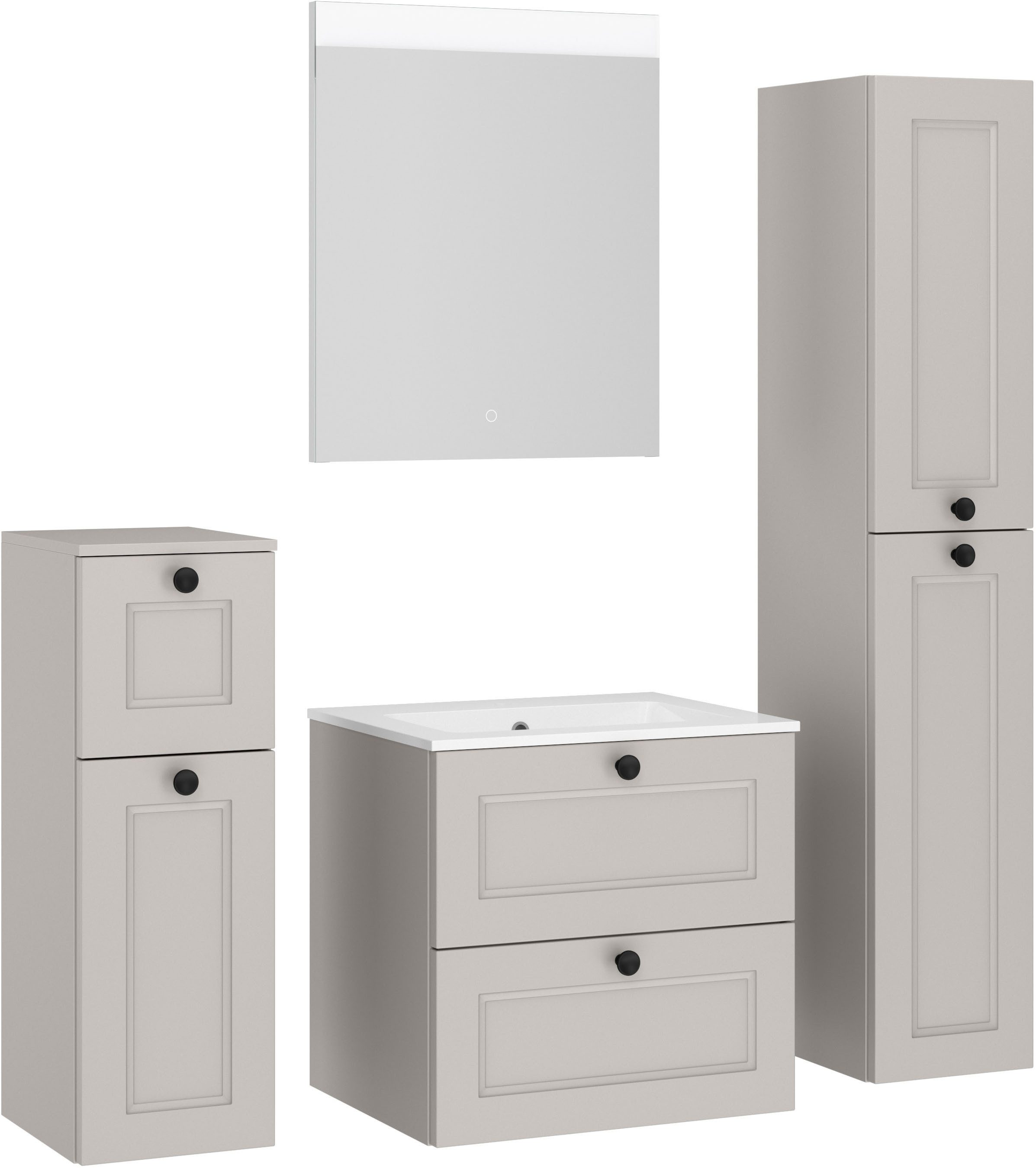 nobilia® Badmöbel-Set Cascada, (Set, 4-St., mit Waschbecken, inkl. beleuchtetem Spiegel mit Touch-Sensor), vormontiert, mit Soft-Close, in vier Breiten