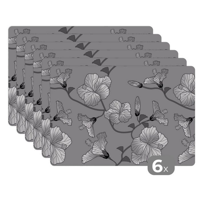 Platzset Hibiskus - Grau - Tropisch - Muster MuchoWow (6-St) Platzset Platzdecken Platzmatte Tischmatten Schmutzabweisend